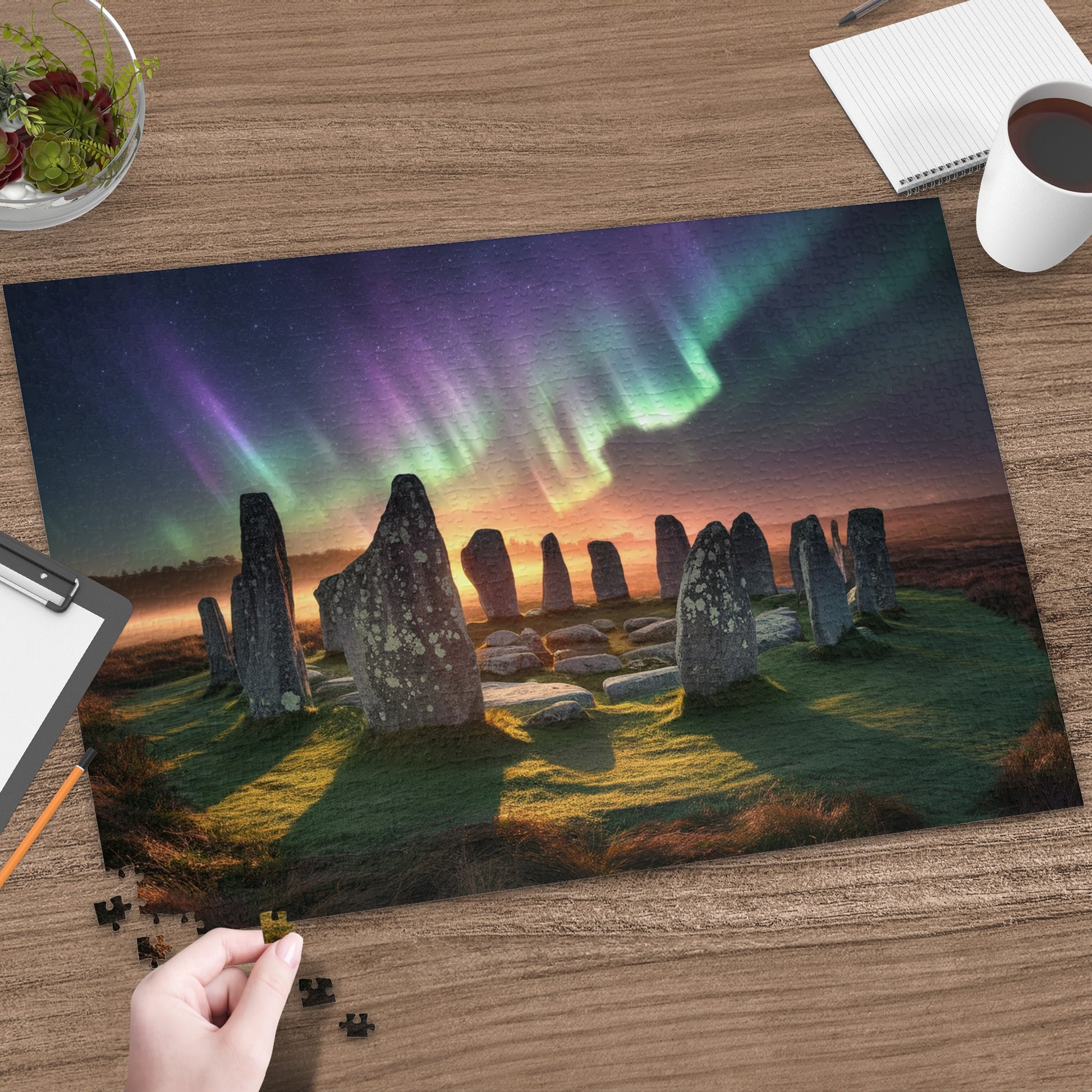 Standing stones illuminated by aurora borealis, a puzzle.