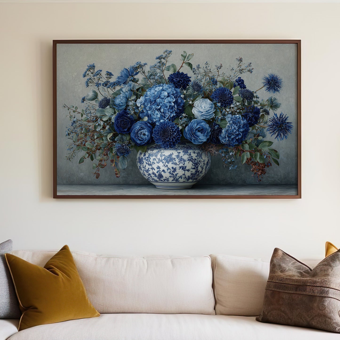 Elegant Blue Floral Arrangement in Vase Wall Art