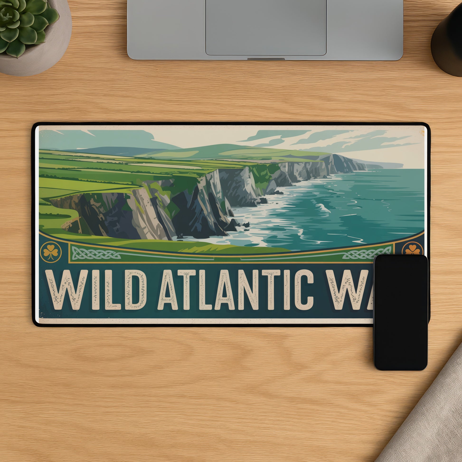 Wild Atlantic Way poster featuring coastal cliffs and ocean waves with text.