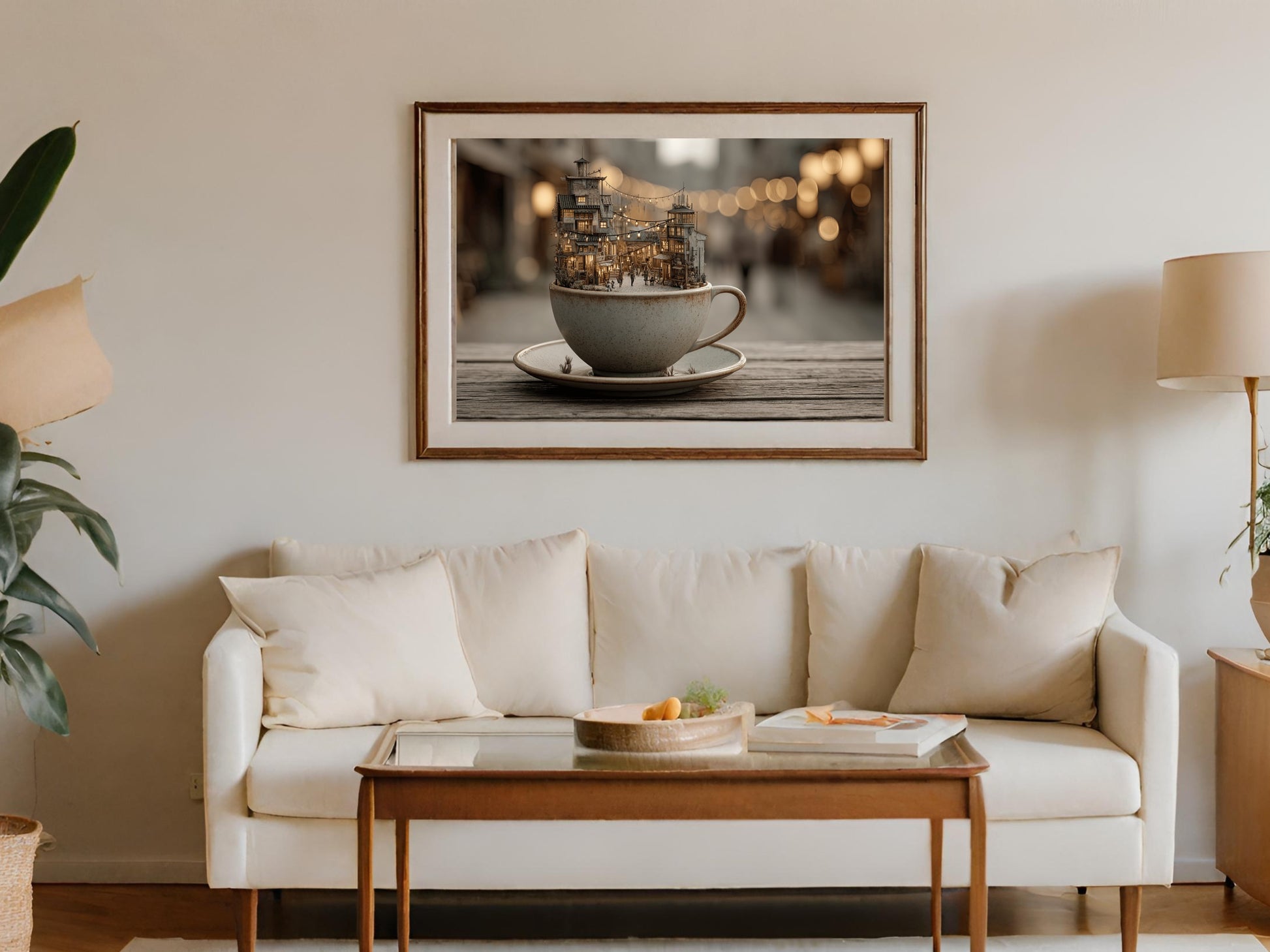 Miniature cityscape inside a teacup on a saucer above a sofa.