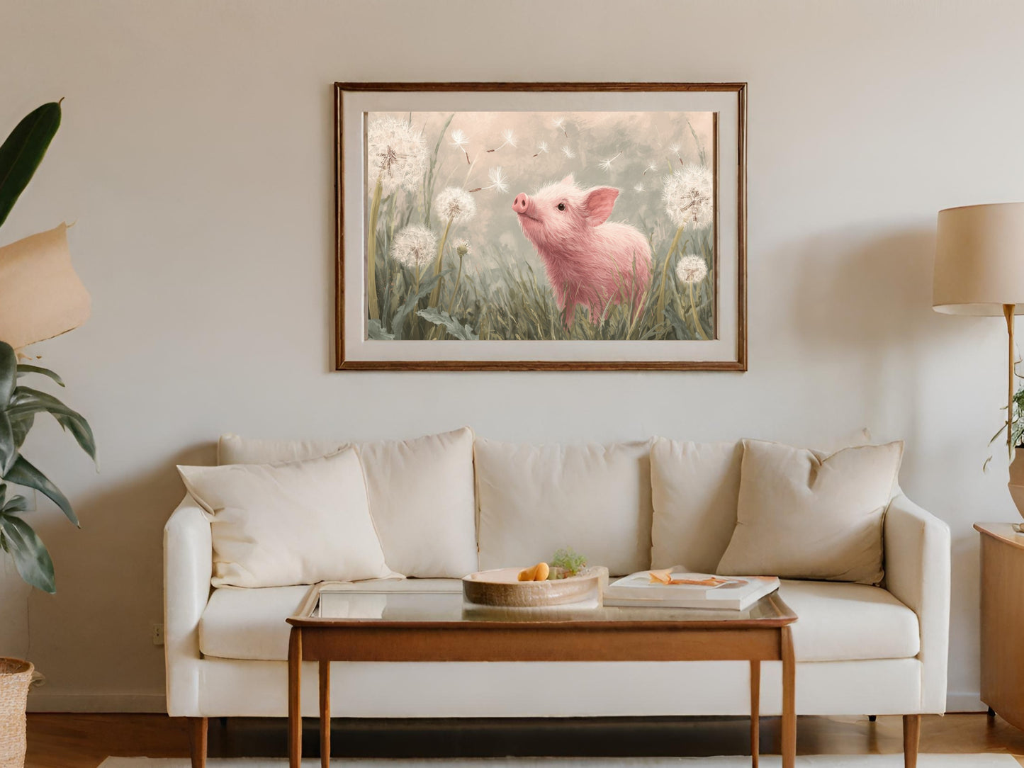 Cute Pink Piglet Dandelion Field Scene Framed Artwork product type