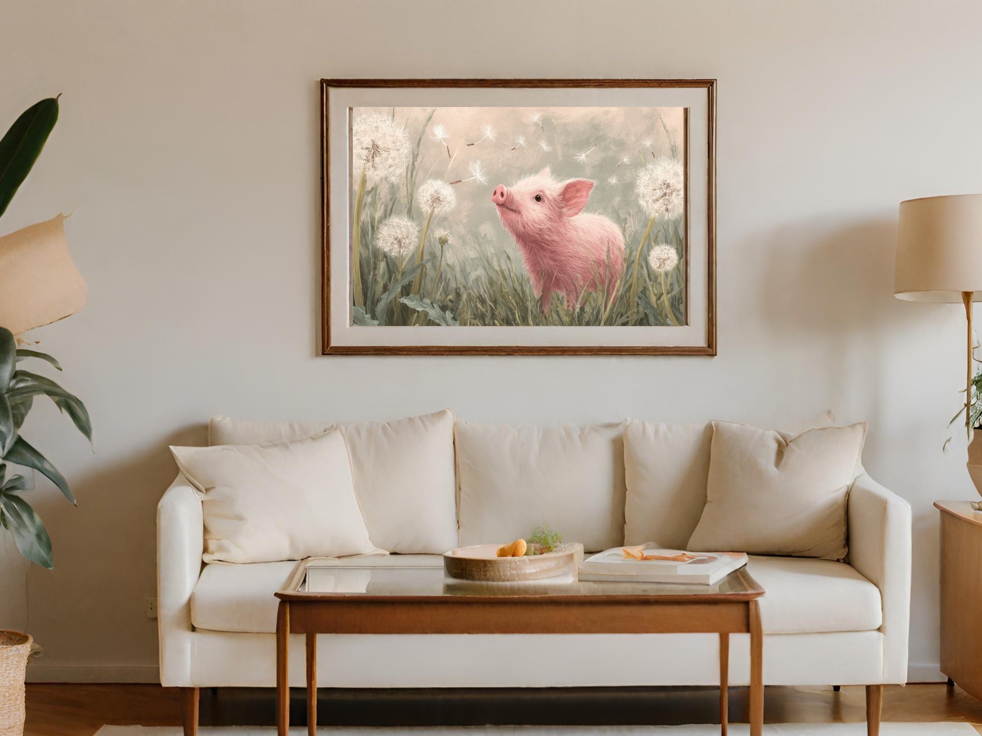 Cute Pink Piglet Dandelion Field Scene Framed Artwork product type