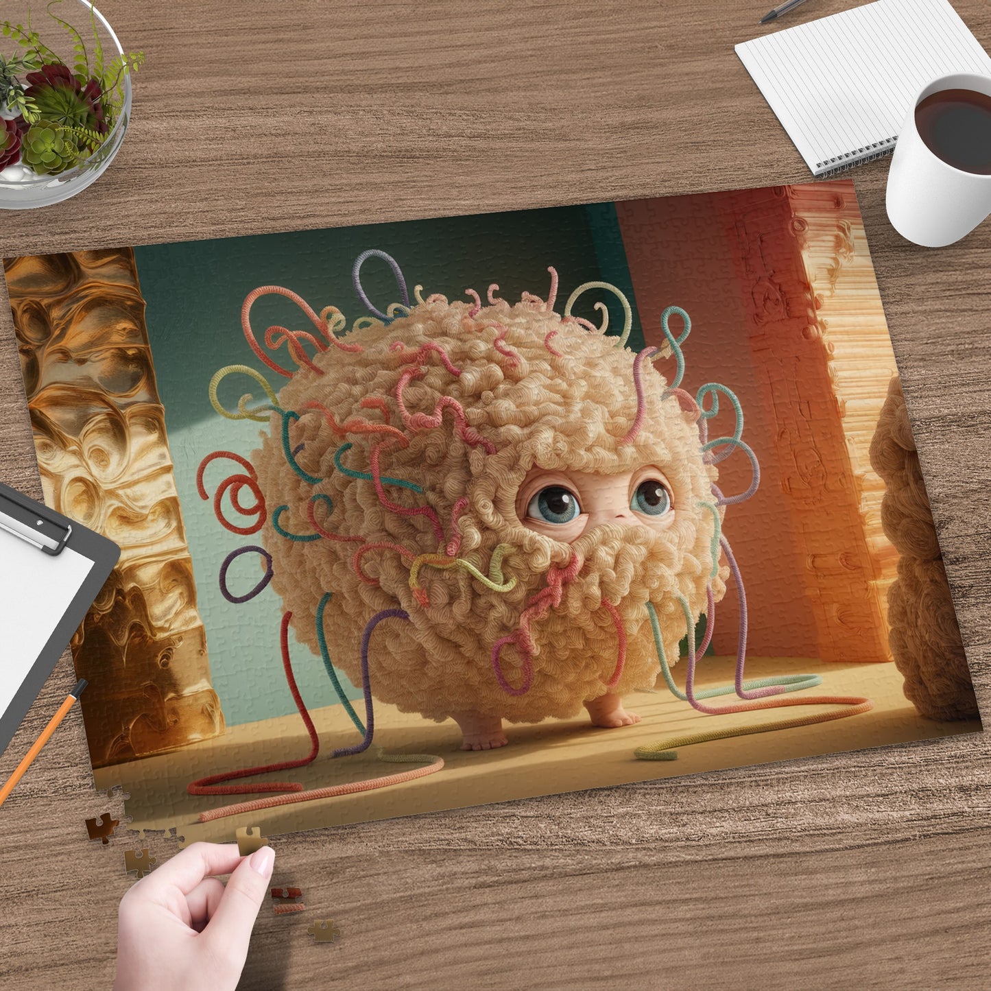 Furry creature with colorful yarn hair on a puzzle board.