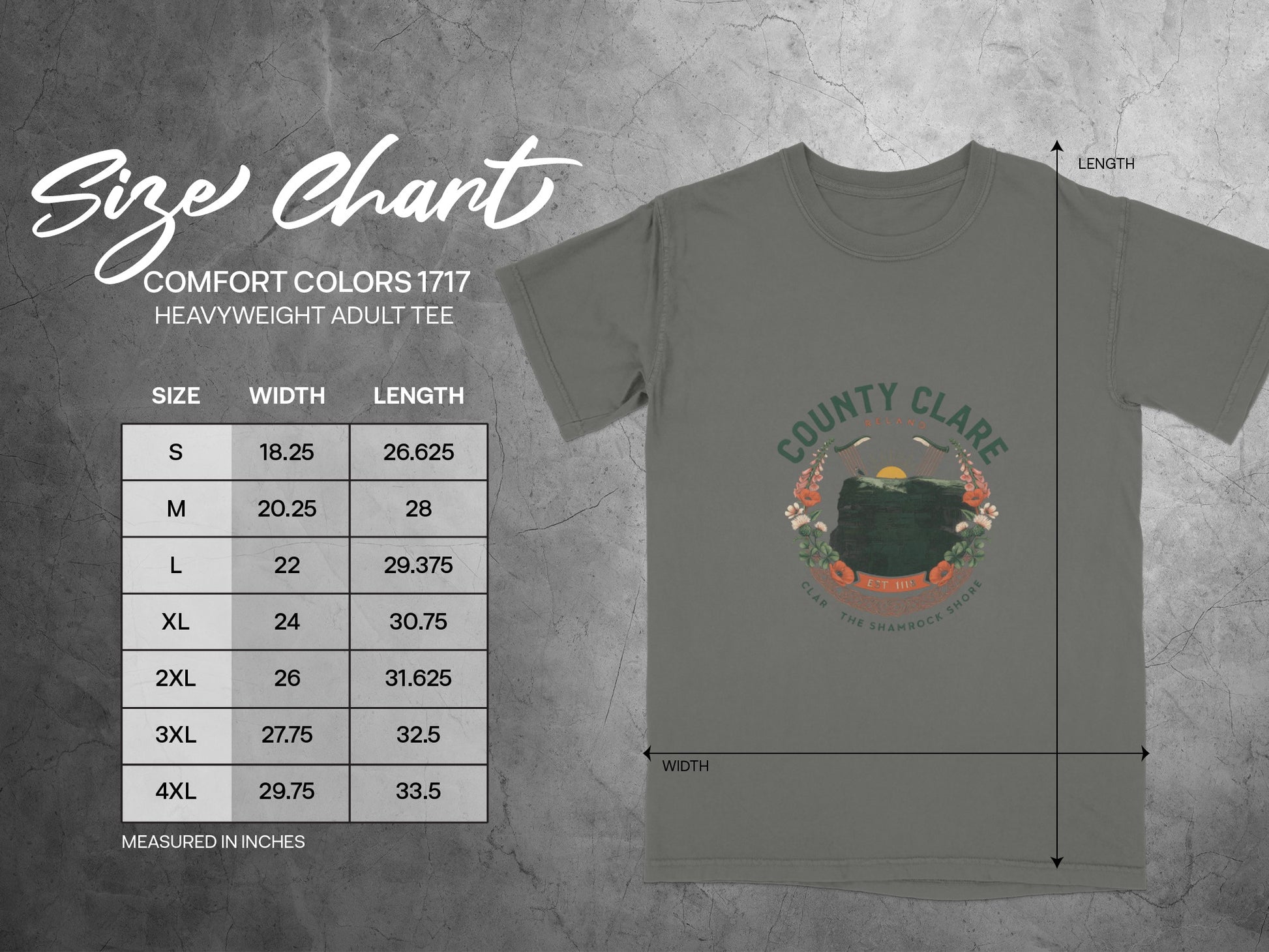 Comfort Colors 1717 heavyweight adult tee size chart showing measurements in inches.