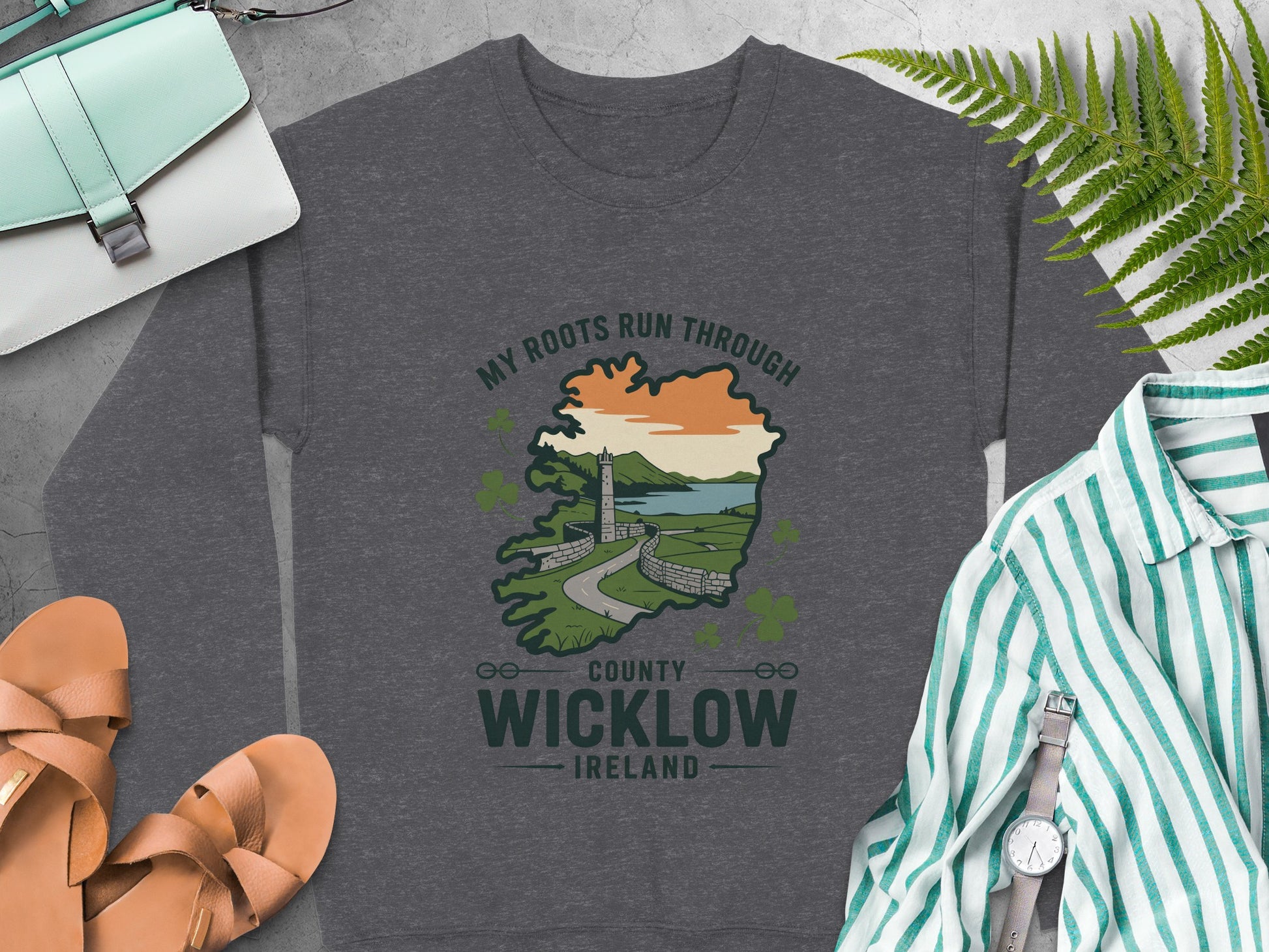 "My Roots Run Through County Wicklow Ireland" text and landscape graphic on Dark Heather sweatshirt