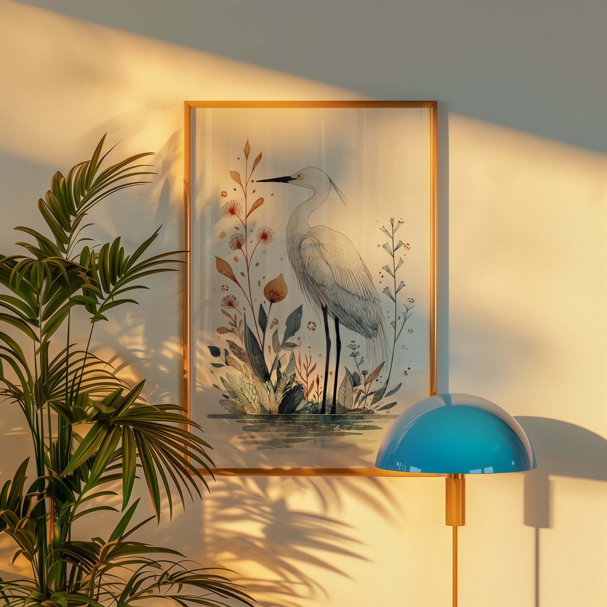 Elegant Crane with Botanical Elements Artwork Decor