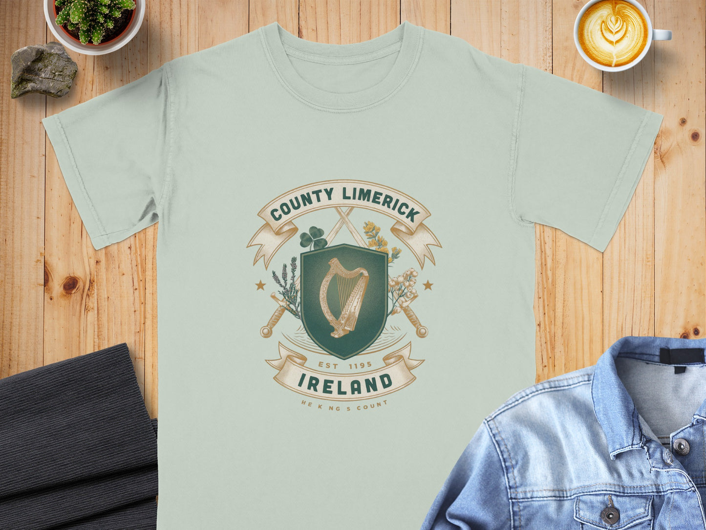 Light green t-shirt featuring a crest with "County Limerick Ireland" text.