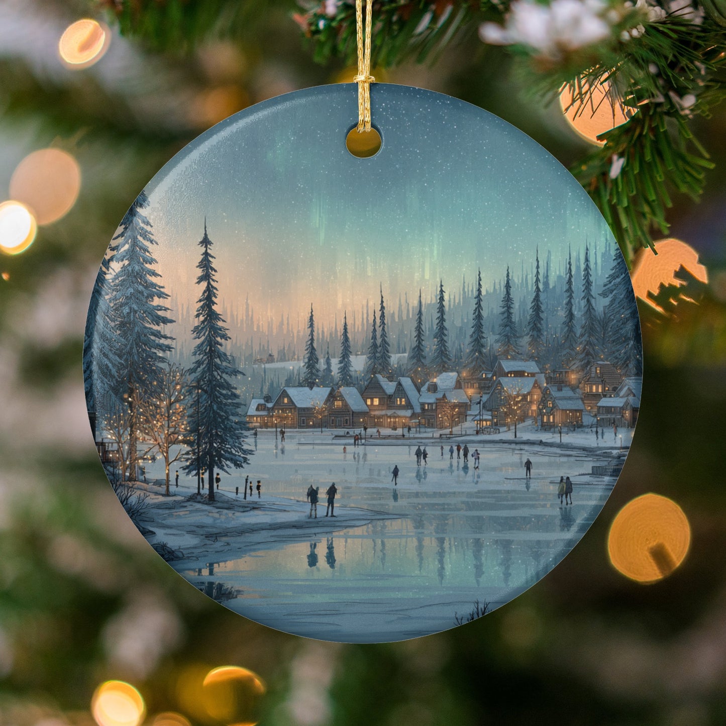 Winter Village Lake Scene Holiday Ornament product