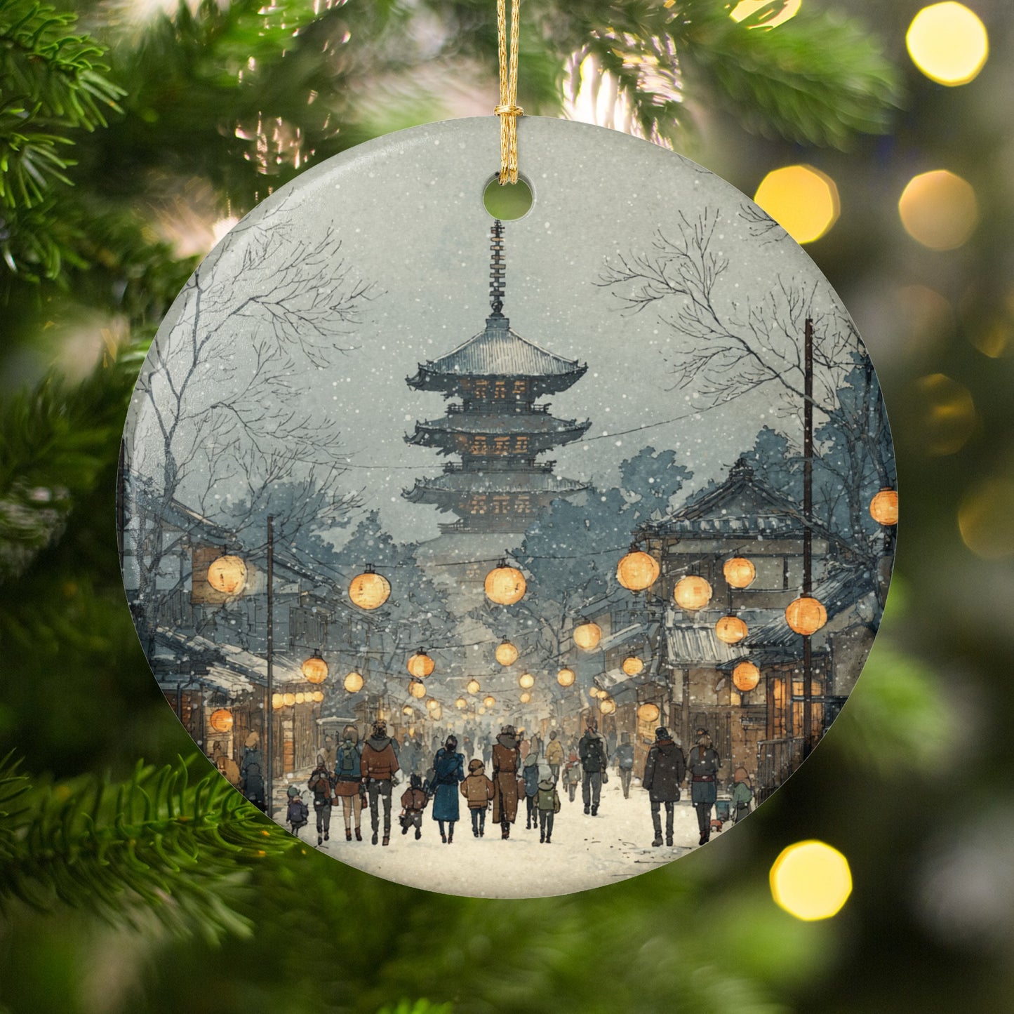 Snowy Evening Lanterns Japan Scene ornament