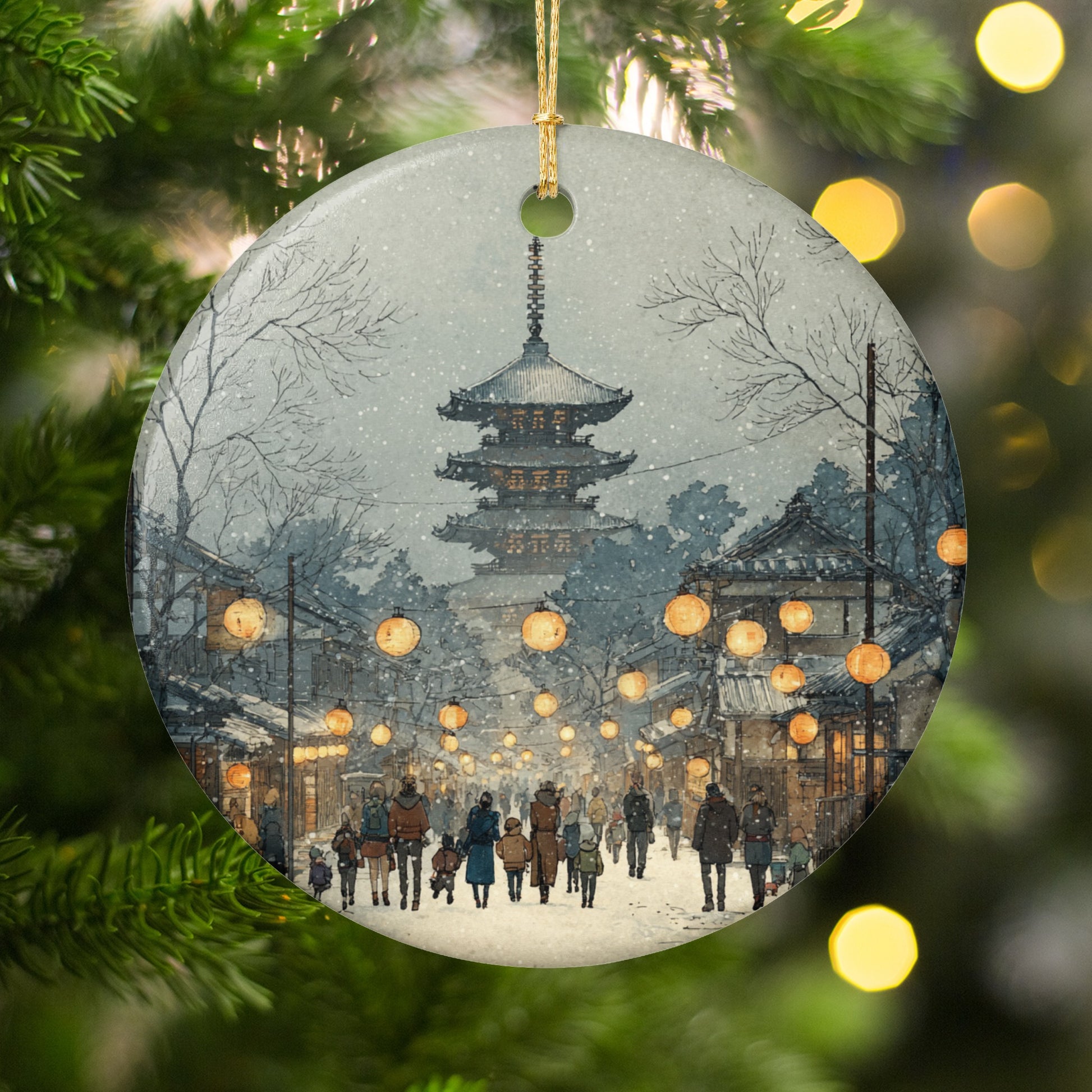 Snowy Evening Lanterns Japan Scene ornament