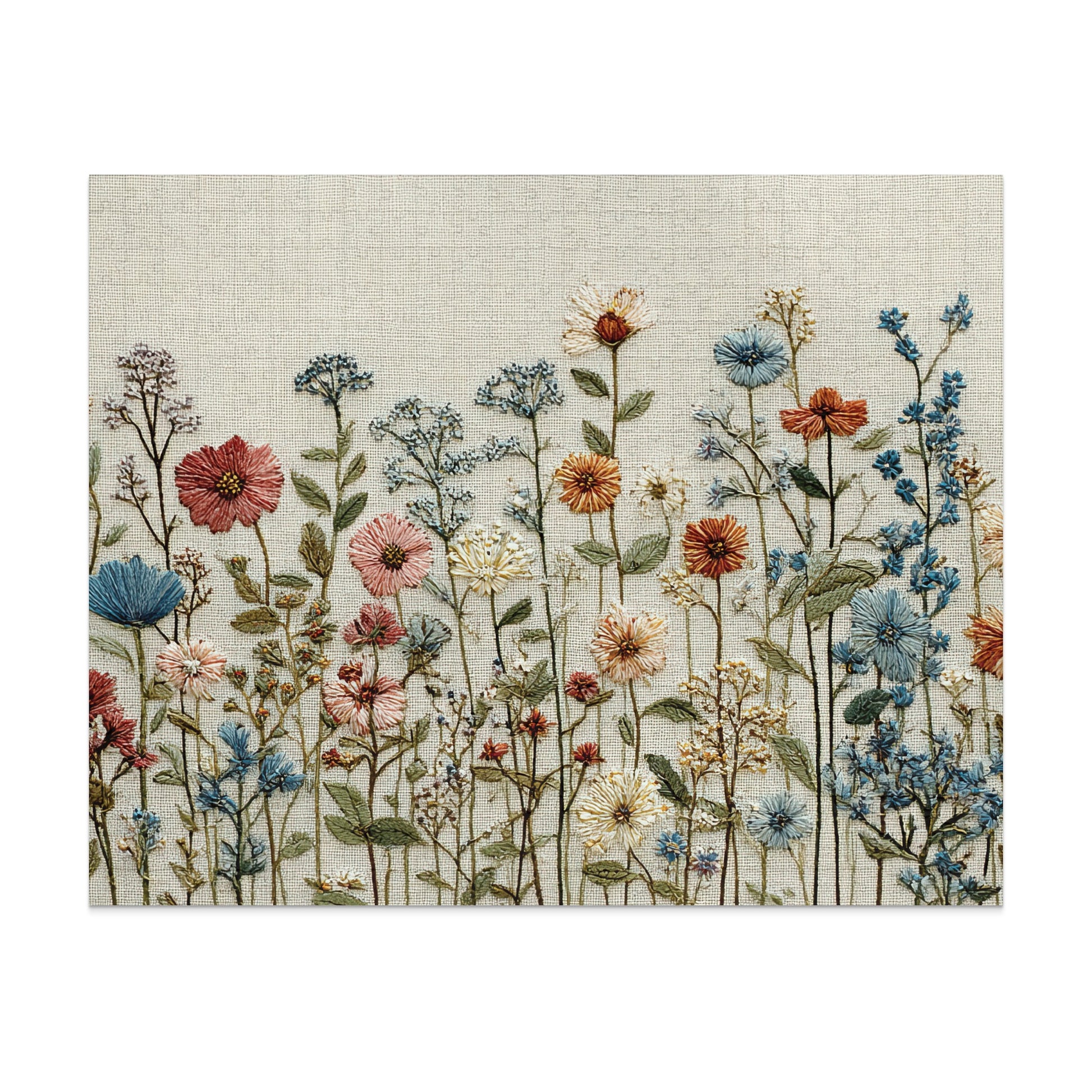 Embroidery of various wildflowers in different colors on a linen background.