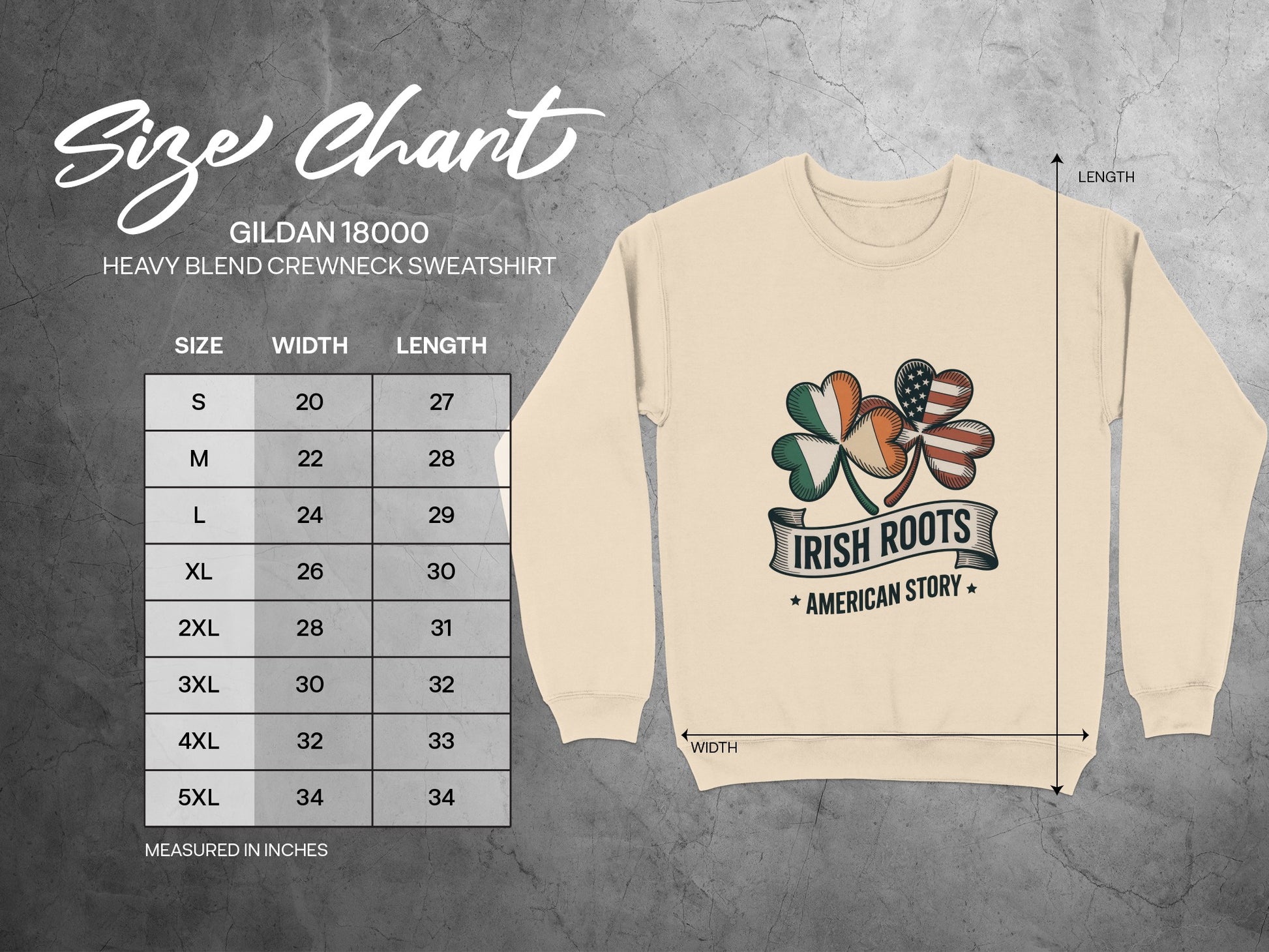 Size chart for Gildan 18000 Heavy Blend Crewneck Sweatshirt with Irish Roots design.