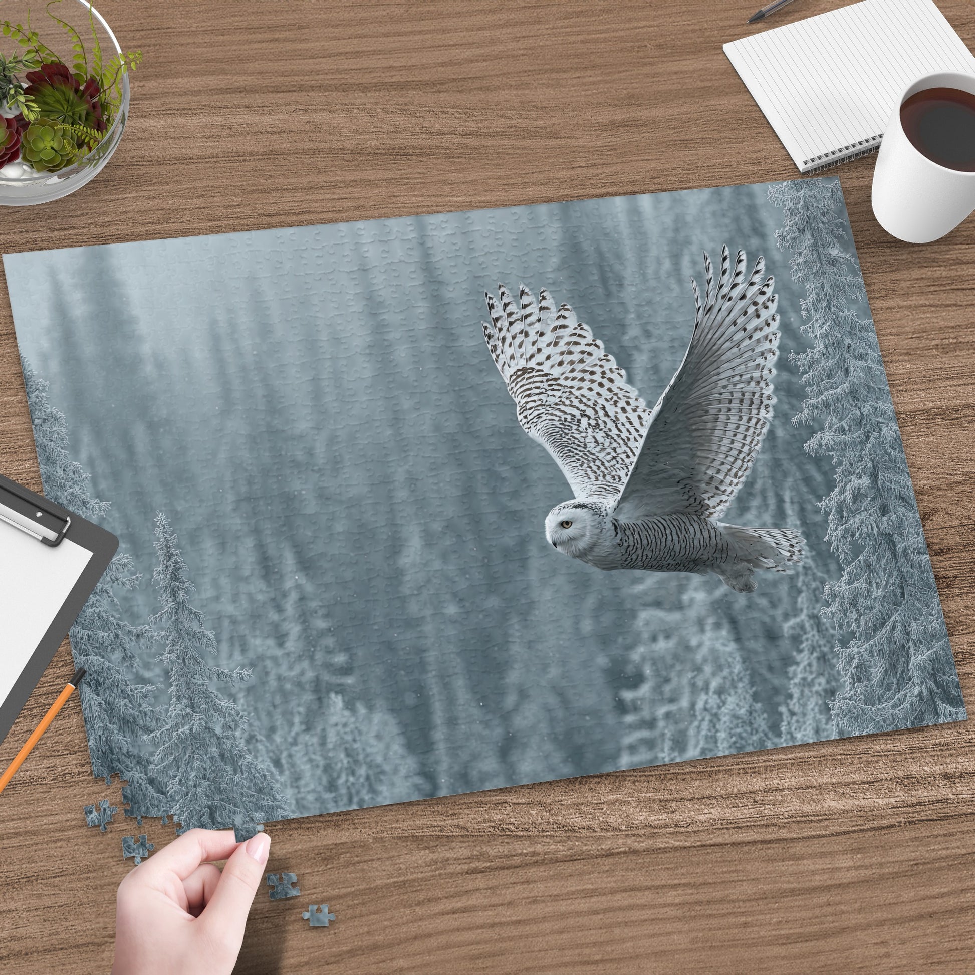 Majestic Snowy Owl Flying Over Winter Forest Puzzle