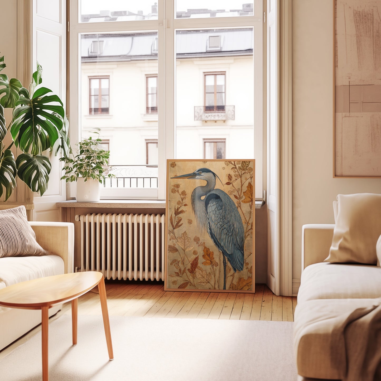 Elegant Painting of a Heron in a Sophisticated Living Room