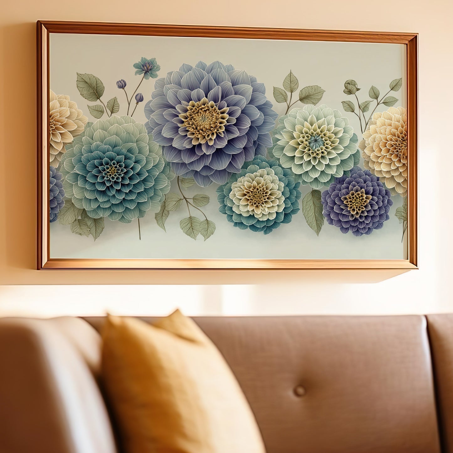 Vintage Floral Artwork with Blue and Cream Blooms