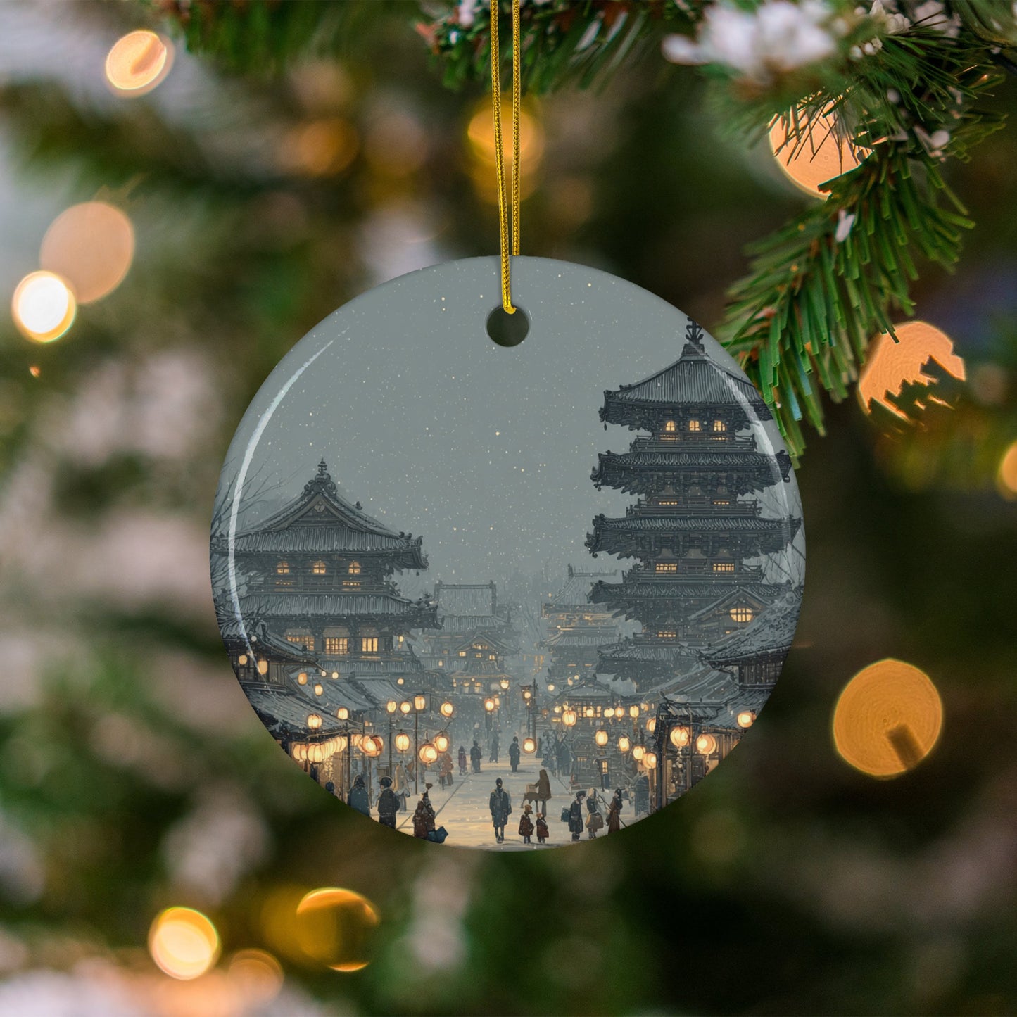 Snowy Winter Village Scene on a Christmas Ornament