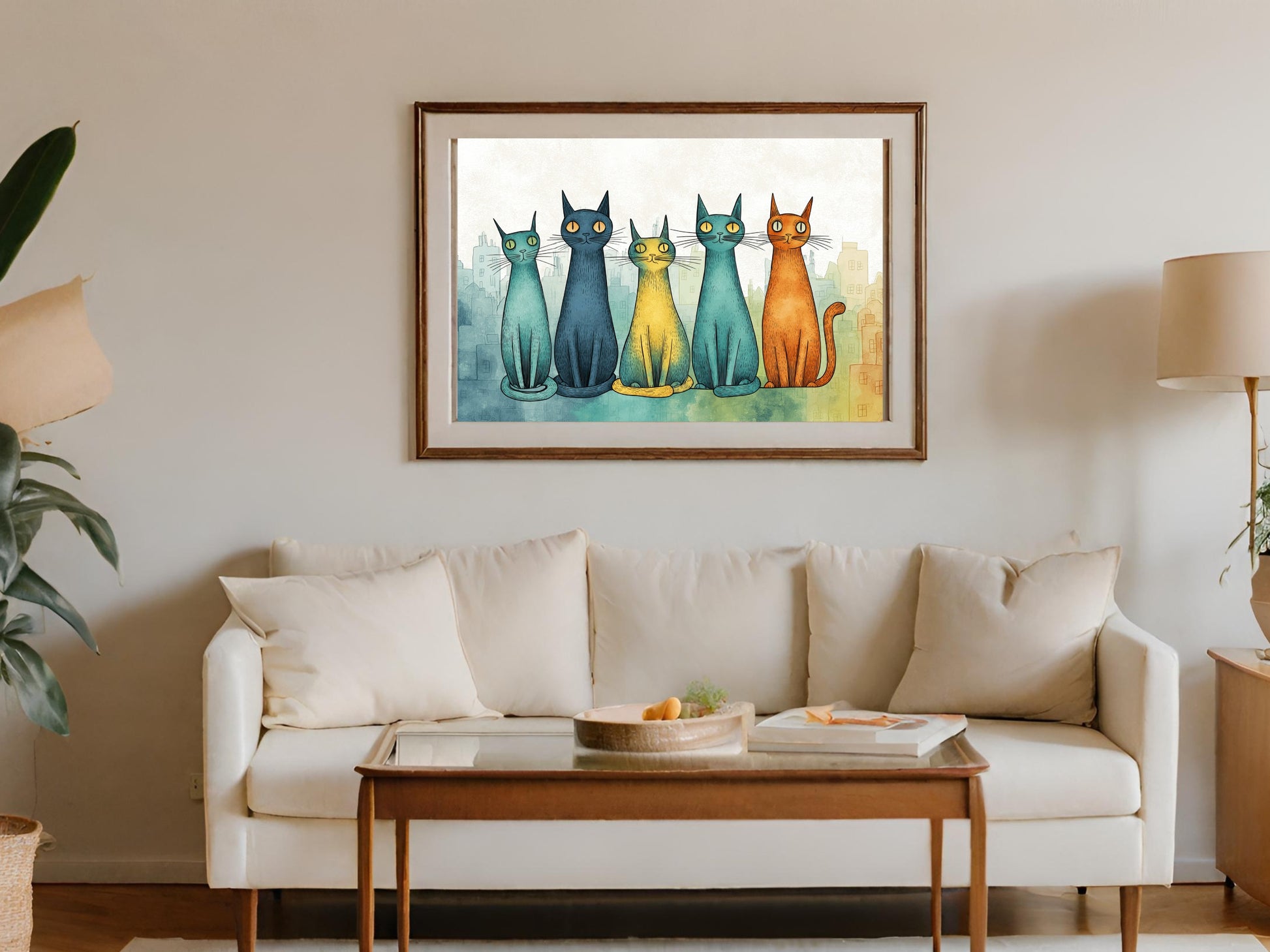 Framed painting of six colorful cartoon cats sitting in front of a city skyline.
