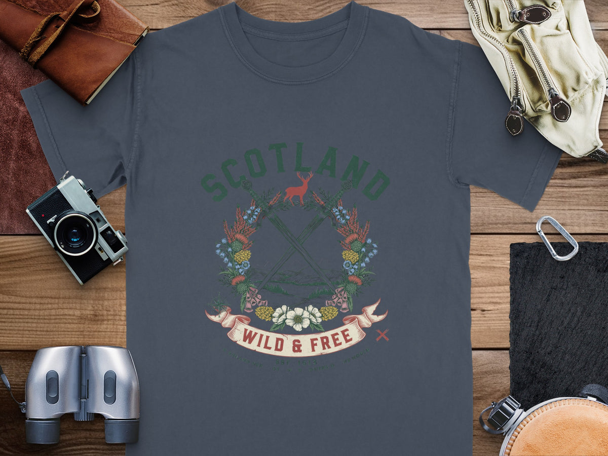 Grey t-shirt with "SCOTLAND WILD & FREE" graphic featuring a deer and crossed swords.