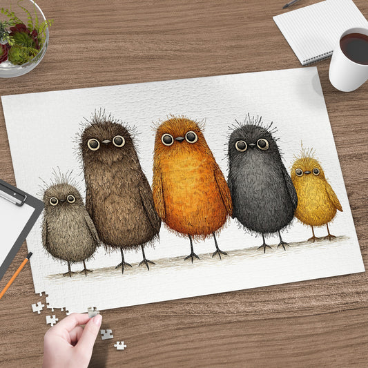 Five cartoon birds in a row on a textured surface, hand placing a puzzle piece.