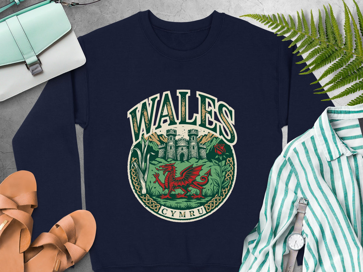 Navy sweatshirt with Wales dragon, castle, and text design.