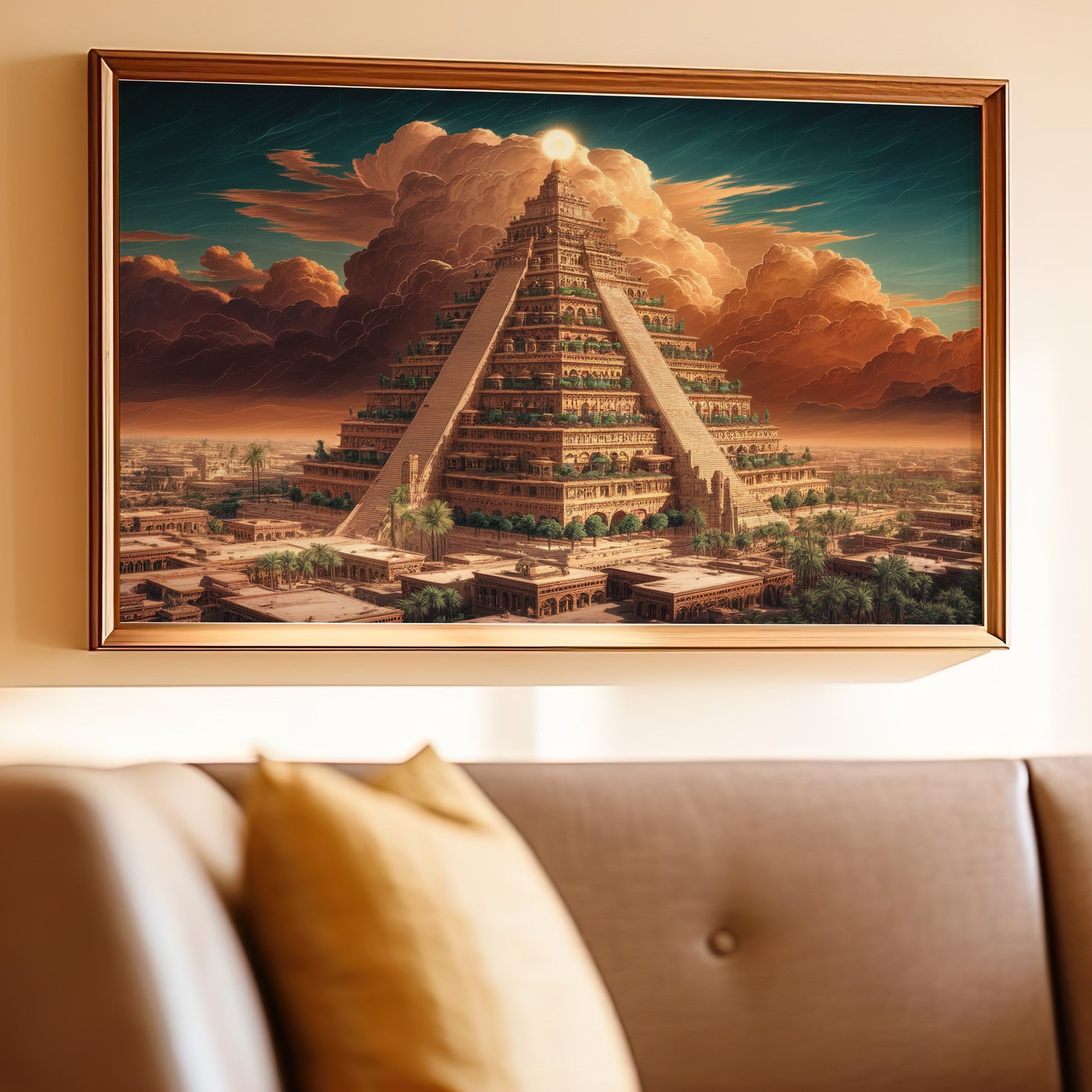 Pyramid structure with lush greenery against a dramatic cloudy sky.