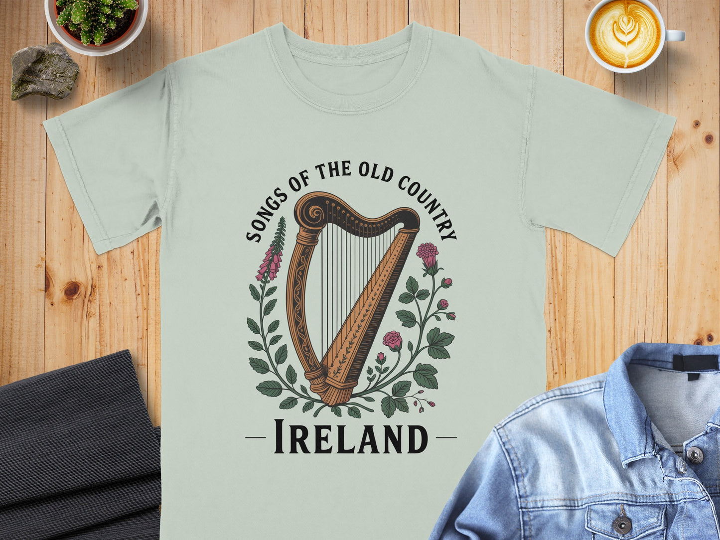 T-shirt with harp, flowers, and text "Songs of the Old Country - Ireland".