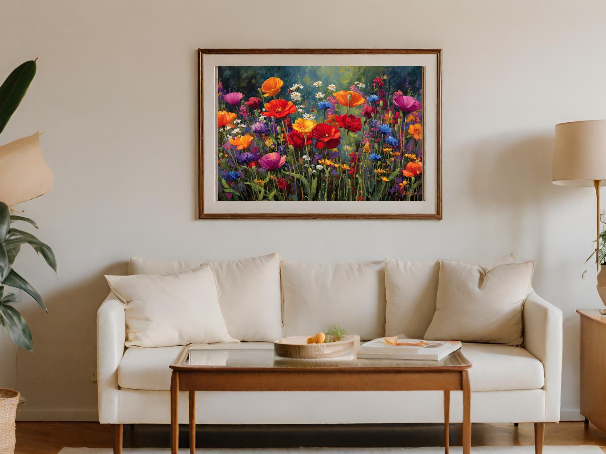 Vibrant floral painting of wildflowers hangs above a white sofa.