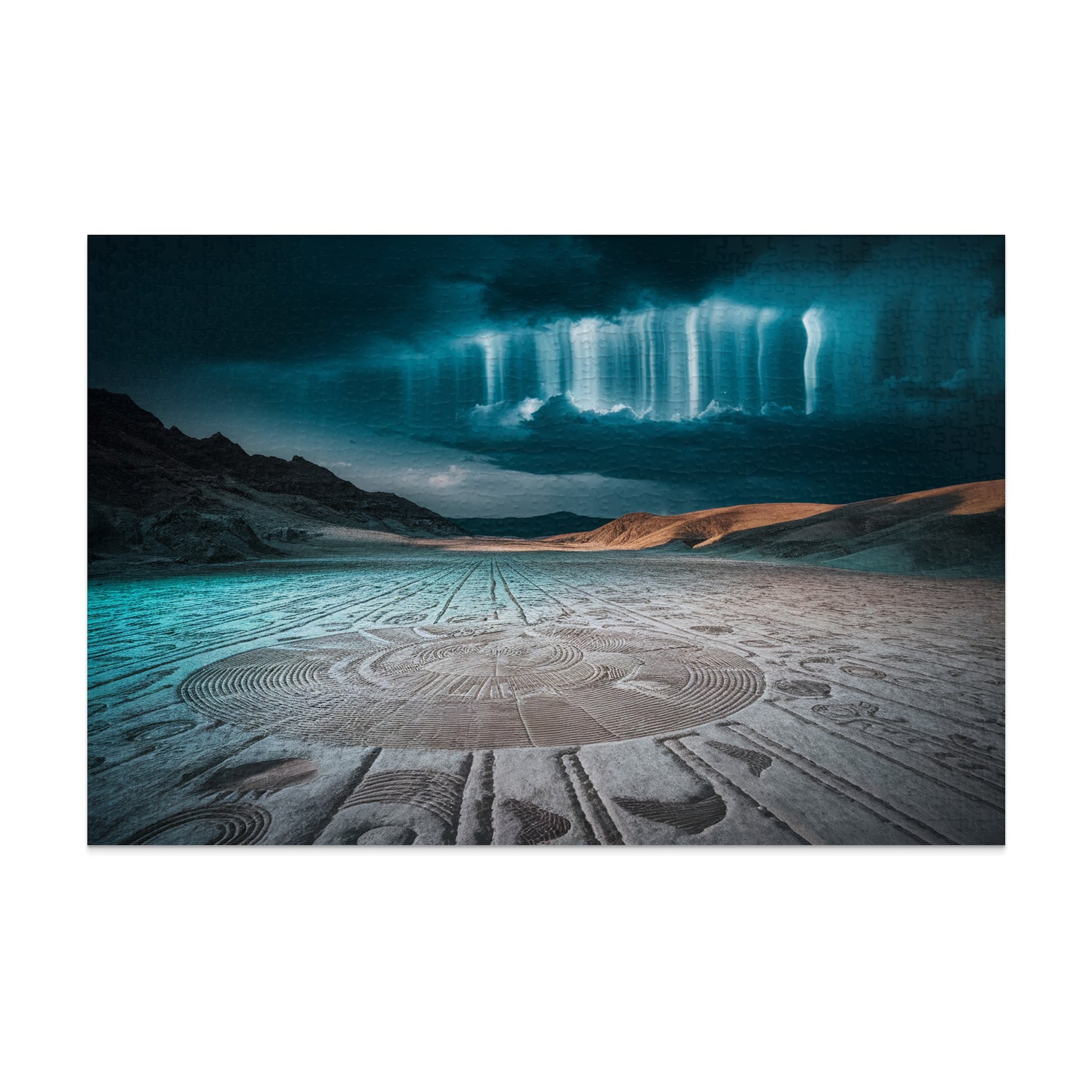 Desert landscape with circular patterns etched into the sand under a dramatic, glowing sky.
