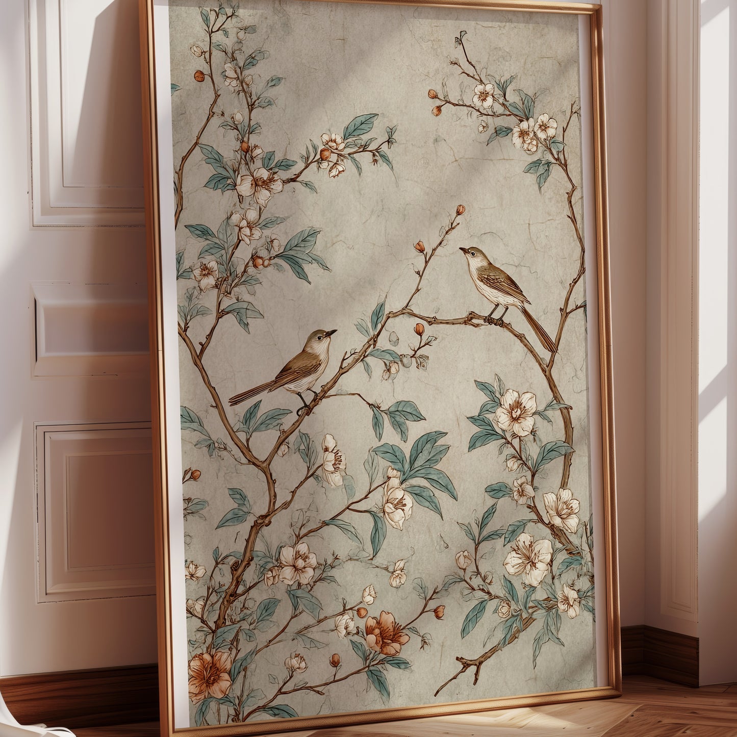 Vintage Botanical Bird and Cherry Blossom Wall Art Print