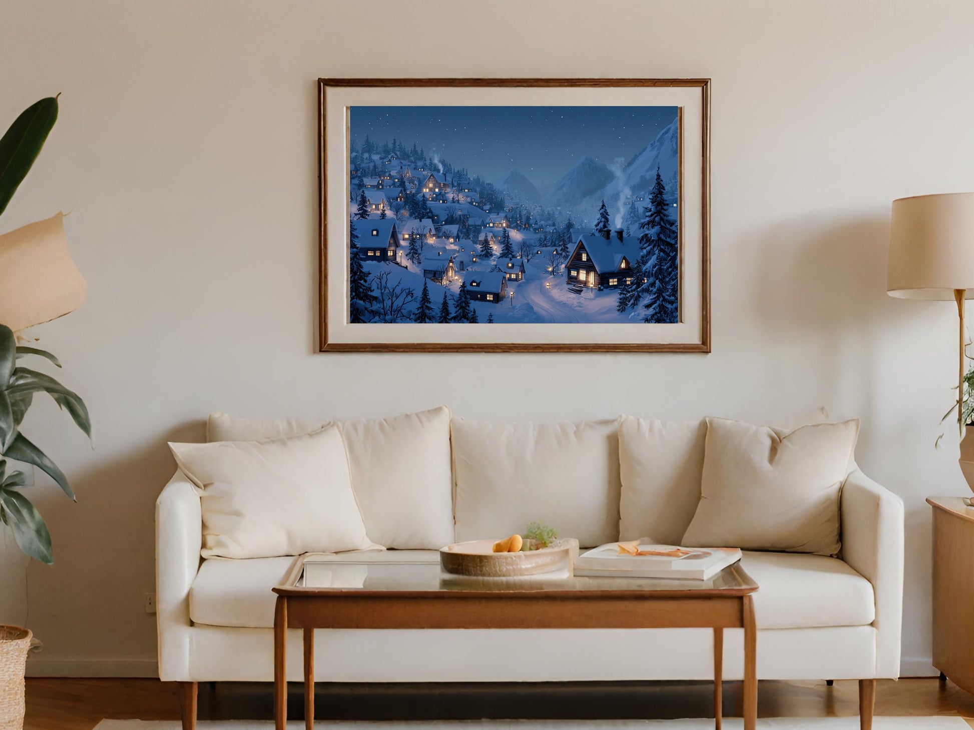 Snow Covered Village Mountain Night Scene Art Print product type
Winter village, Snowy landscape, Night scene, Christmas decor, Holiday wall art, Mountain art, Cozy home decor, Festive print, Winter wonderland, Snow covered homes, Illuminated village, Pine forest, Alpine scenery, Seasonal artwork, Evening glow, Cabin art, Rustic winter, Beautiful print, Digital painting, Wall hanging