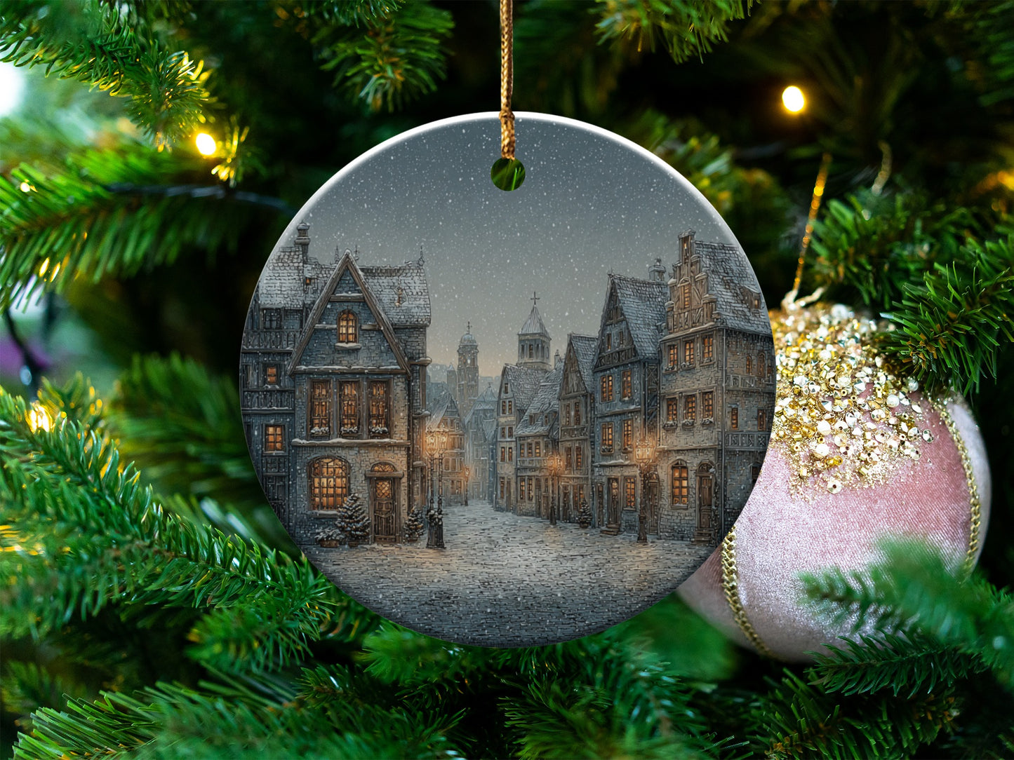 Vintage Christmas Village Scene Ornament