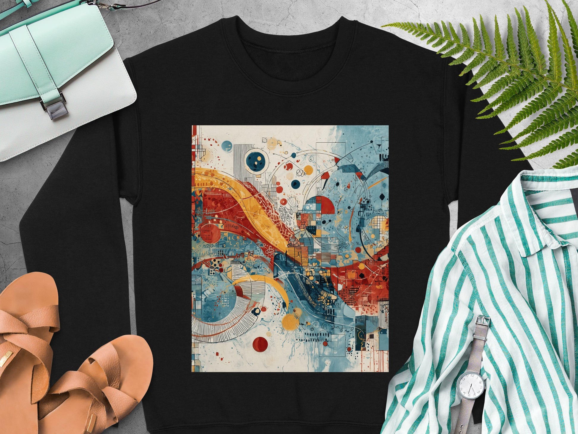 Black Sweatshirt Abstract Geometric Pattern Art product type
Sweatshirt, Crewneck, Black, Abstract, Graphic, Artistic, Geometric, Modern, Colorful, Vibrant, Pullover, Design, Print, Contemporary, Unique, Streetwear, Casual, Pattern, Art, Fashion