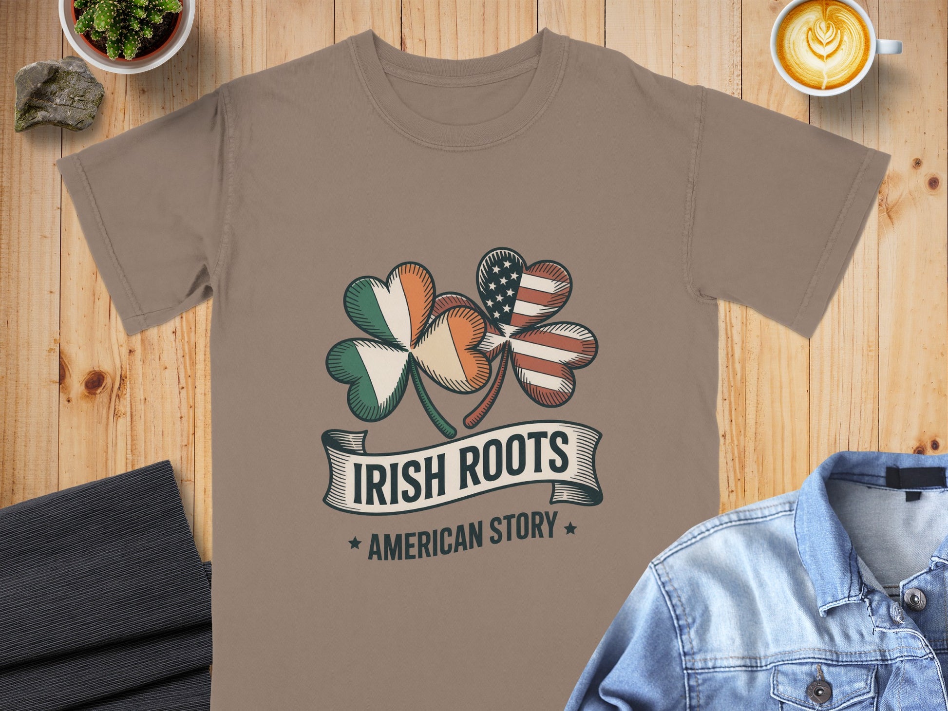 Brown t-shirt with a graphic of shamrocks displaying Irish and American flags with text.