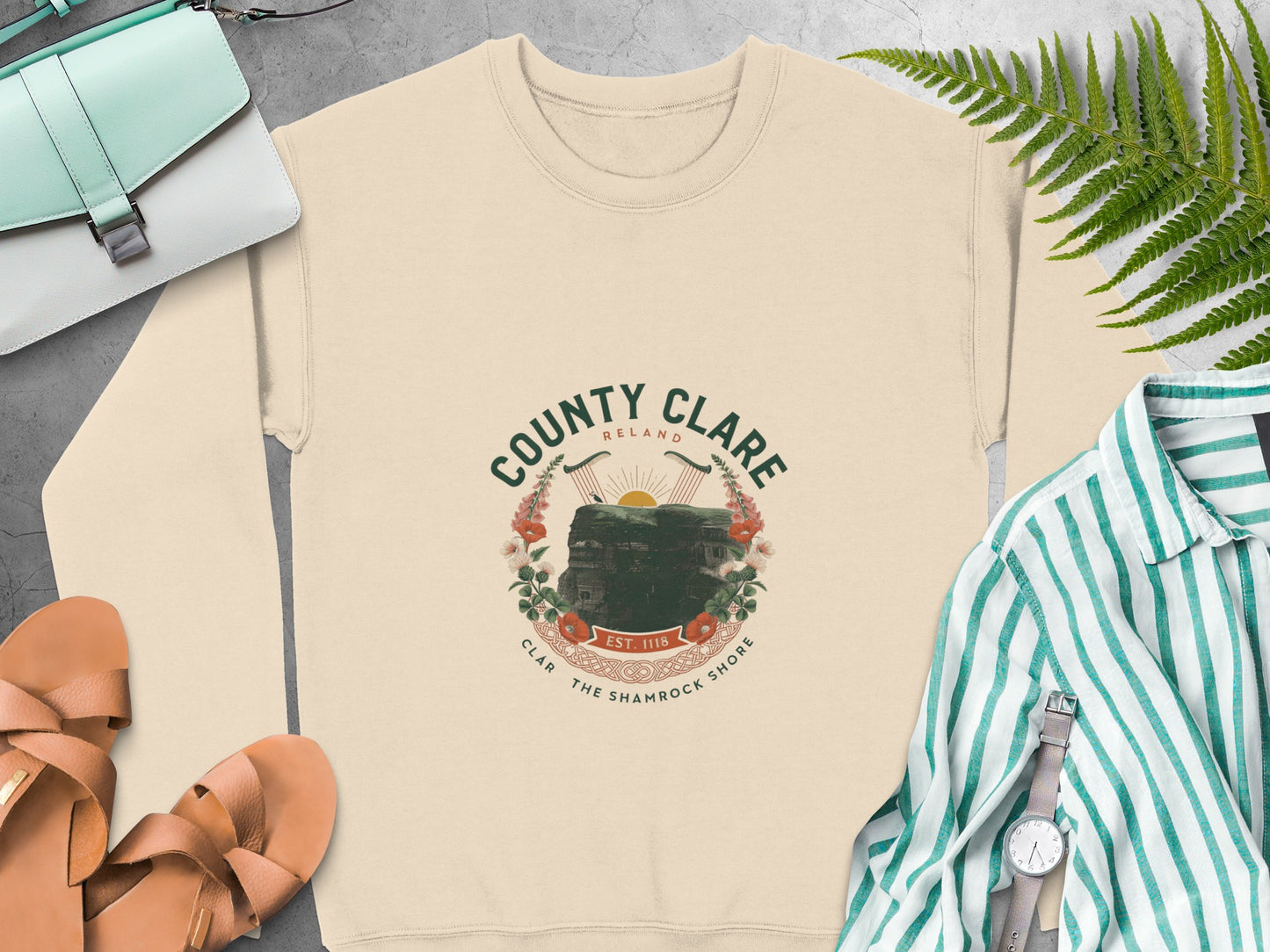 "County Clare Ireland" graphic featuring a cliff and sun on Sand sweatshirt