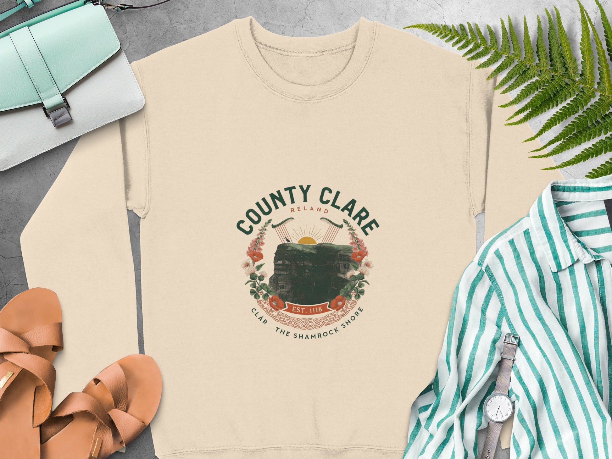 "County Clare Ireland" graphic featuring a cliff and sun on Sand sweatshirt