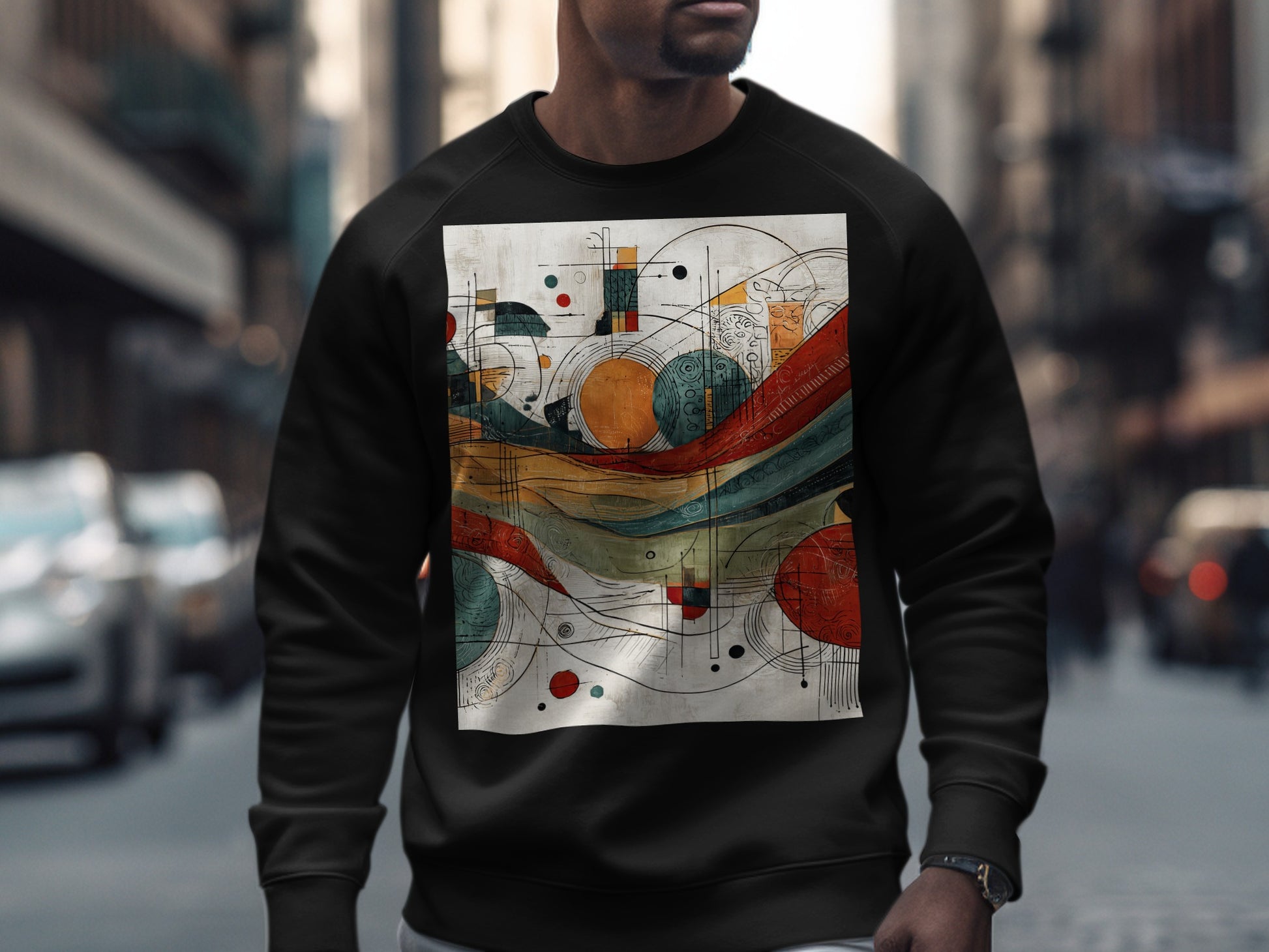 Modern Abstract Geometric Colorful Art Sweatshirt product type
abstract, geometric, modern art, graphic print, colorful design, circles lines, unique art, contemporary, artistic style, urban fashion, statement piece, crewneck, sweatshirt, pullover, menswear, streetwear, visual art, abstract expression, cool design, vibrant pattern