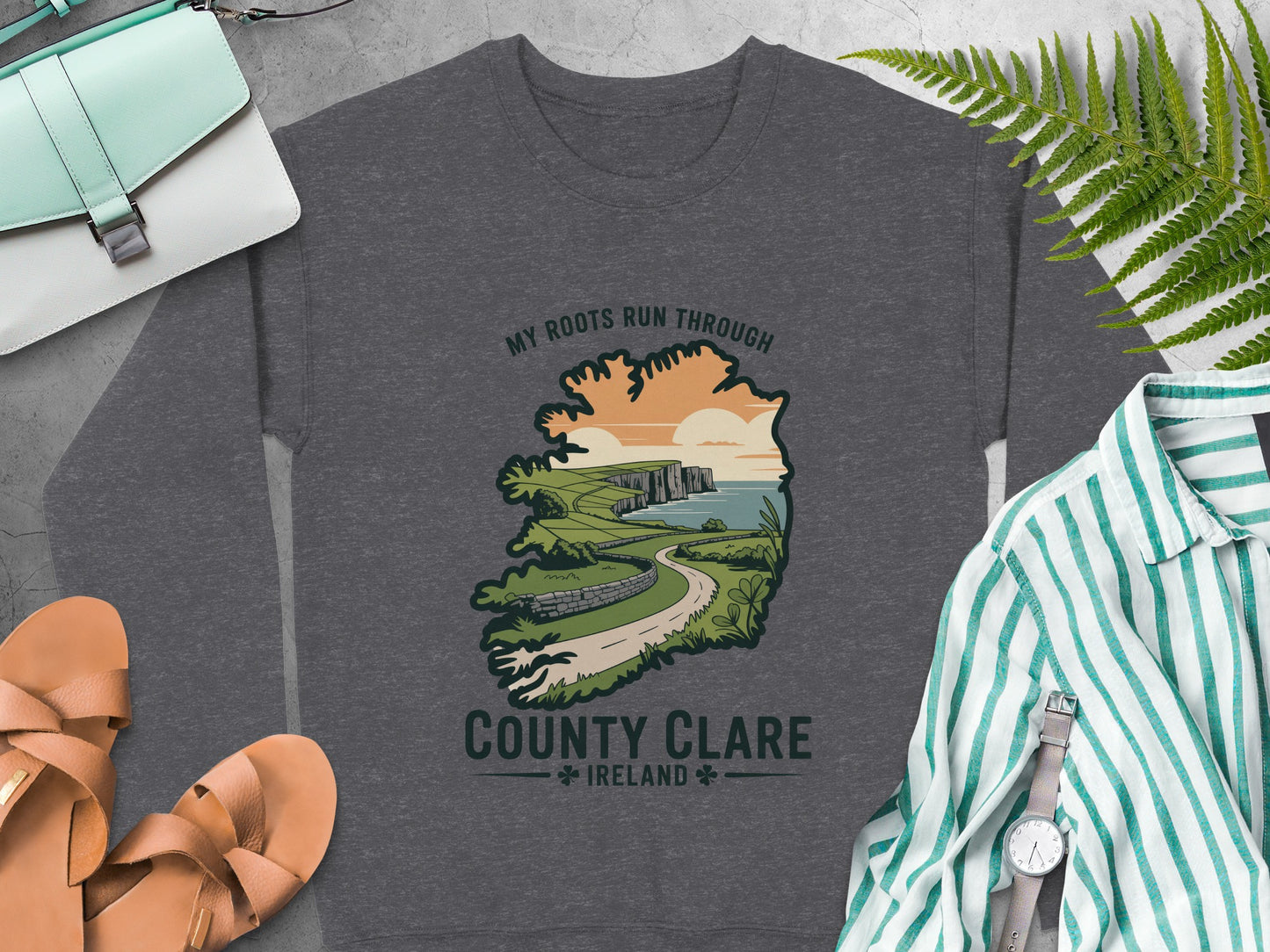 County Clare Ireland graphic and inspirational text on Dark Heather sweatshirt