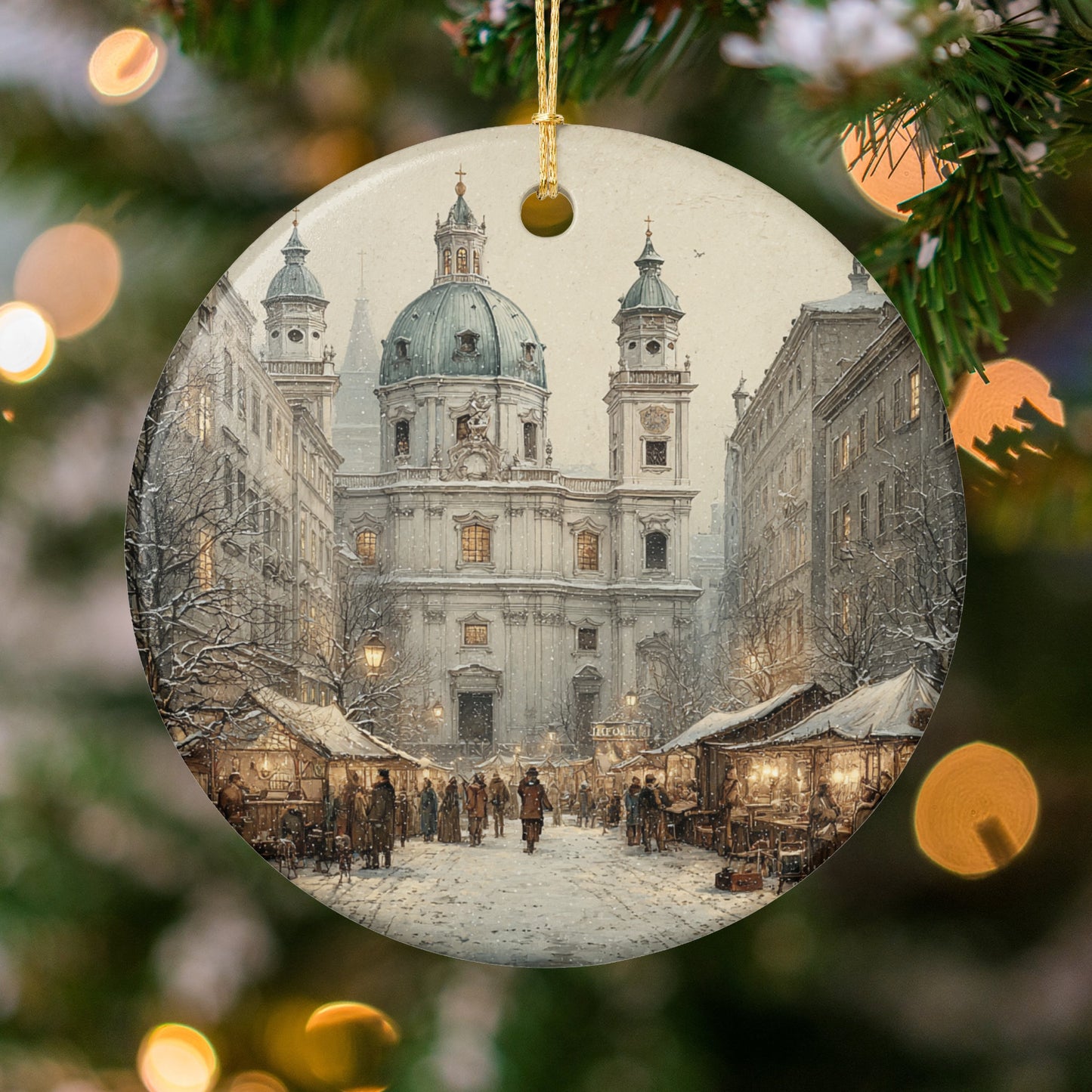 Christmas Market Scene on Elegant Ornament product
