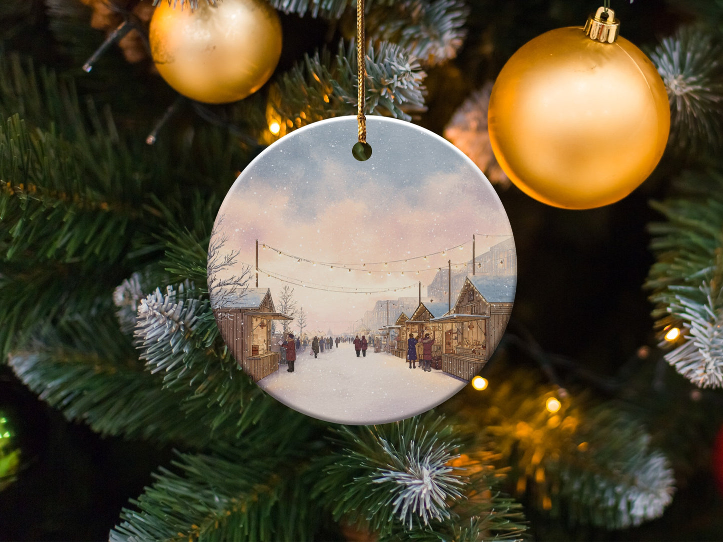Charming Festive Holiday Scene Ceramic Ornament