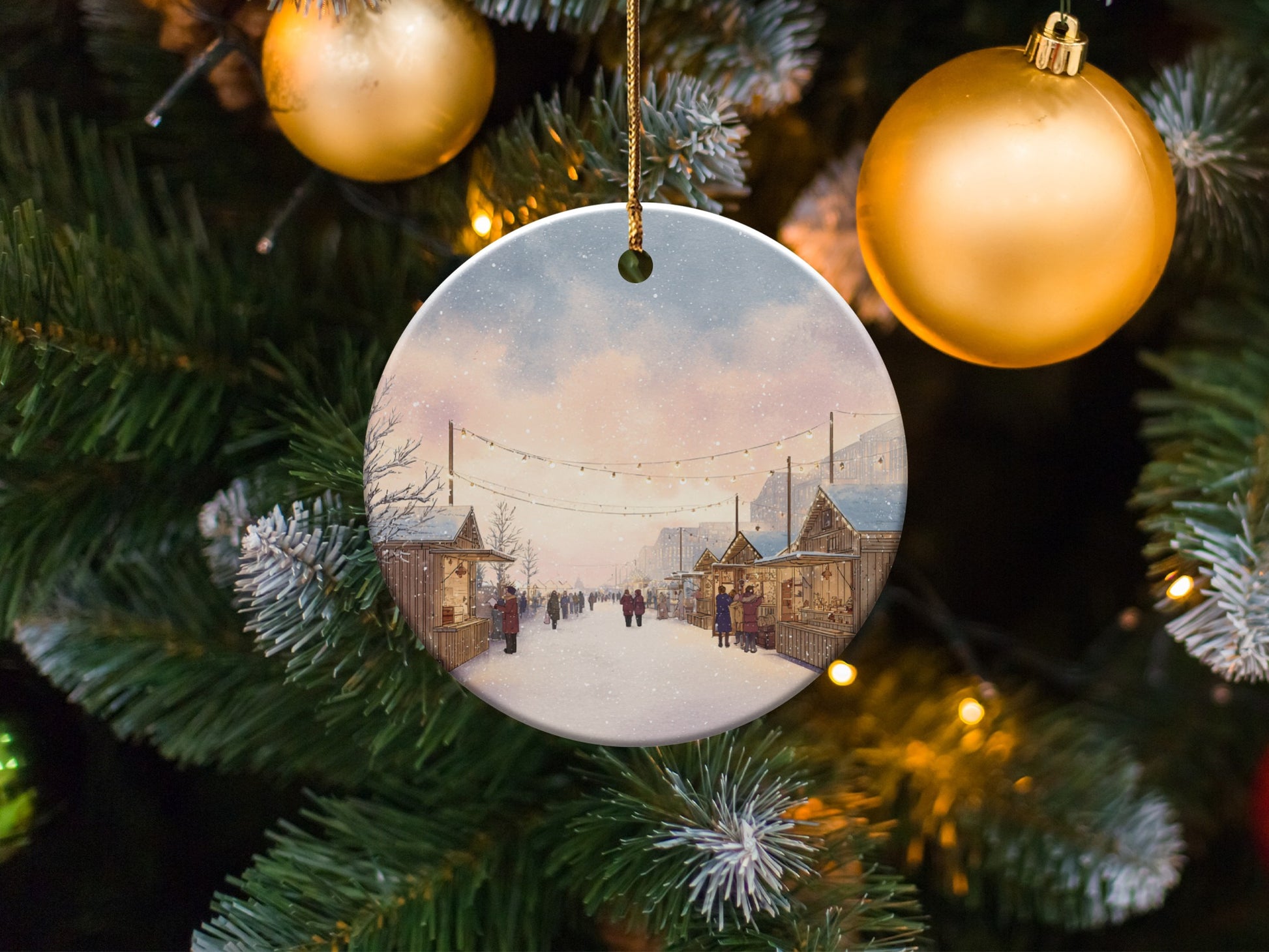 Charming Festive Holiday Scene Ceramic Ornament