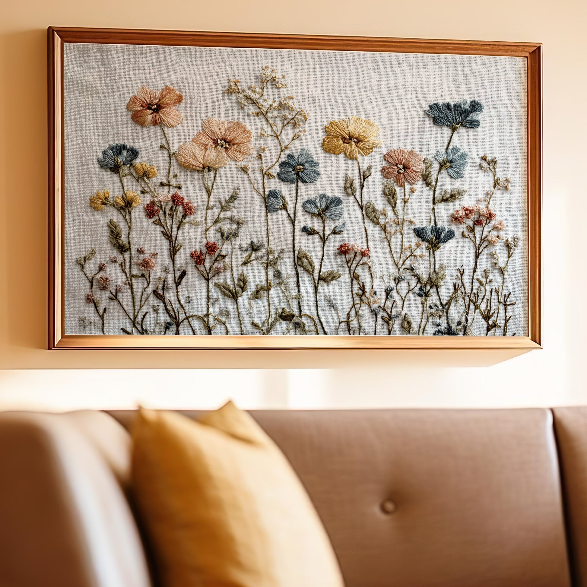 Embroidered wildflowers in muted colors on textured fabric, framed.