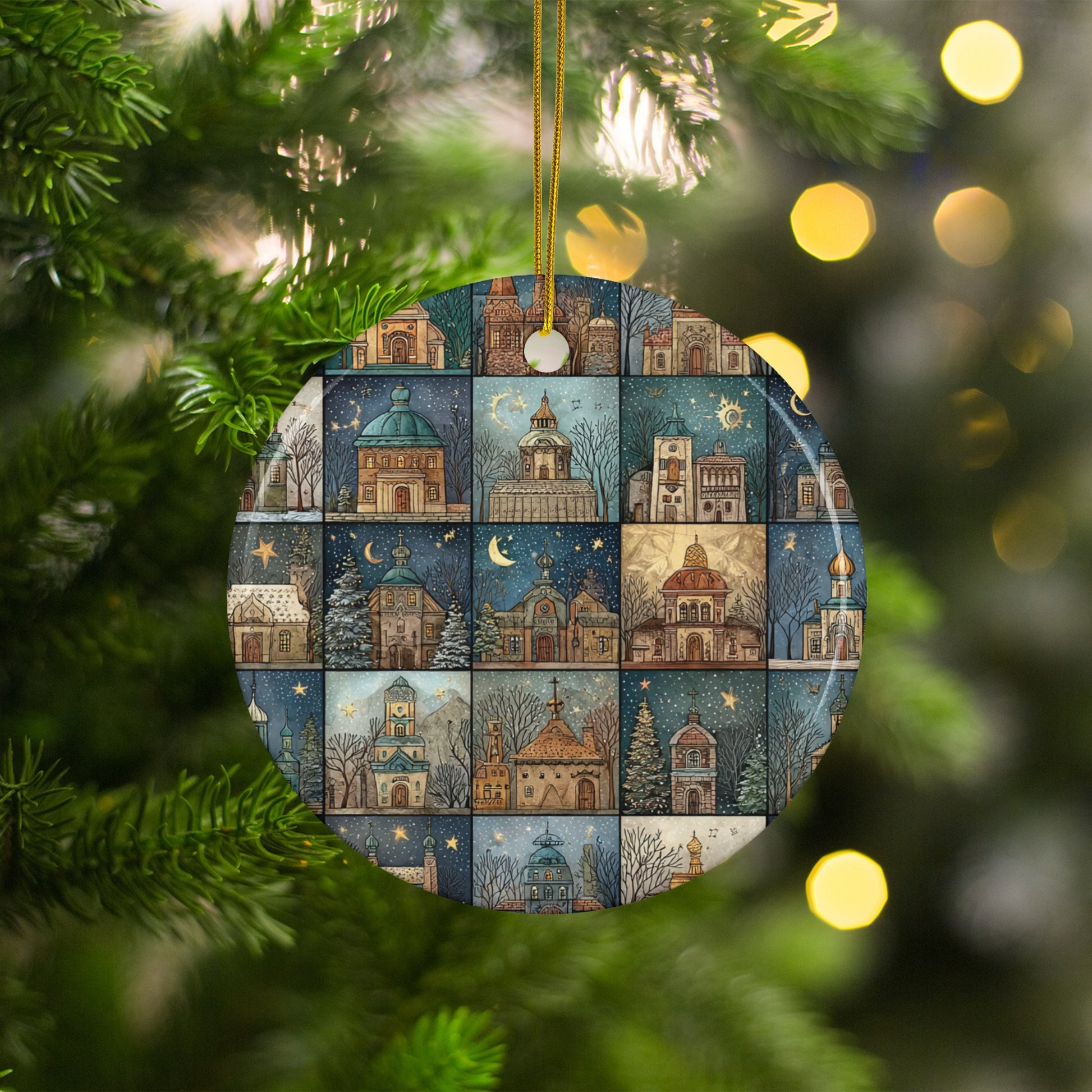 Festive Christmas Ornament with Scenic Winter Church Images