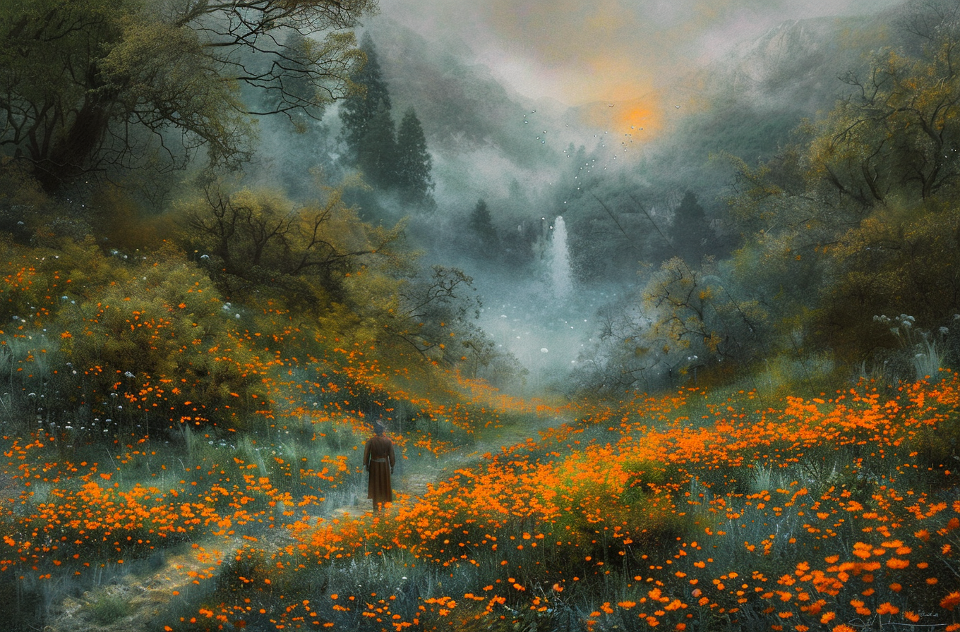 Enchanting Misty Valley Meadow with Bright Orange Flowers