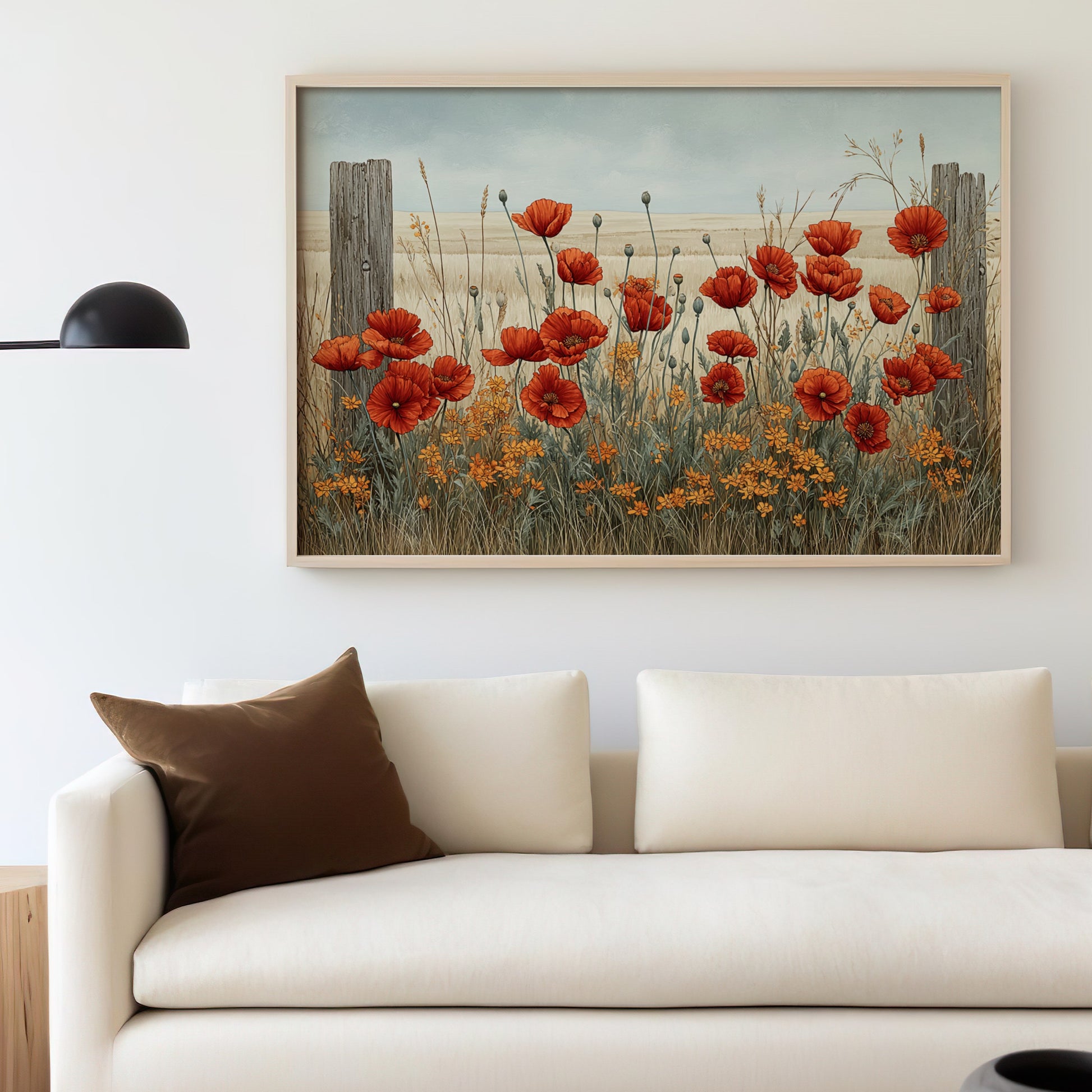 Rustic Landscape Art with Vibrant Red Poppies Canvas