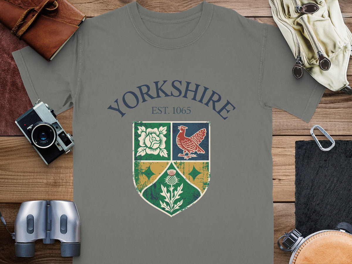 Grey t-shirt with Yorkshire crest, rose, bird, and thistle design.