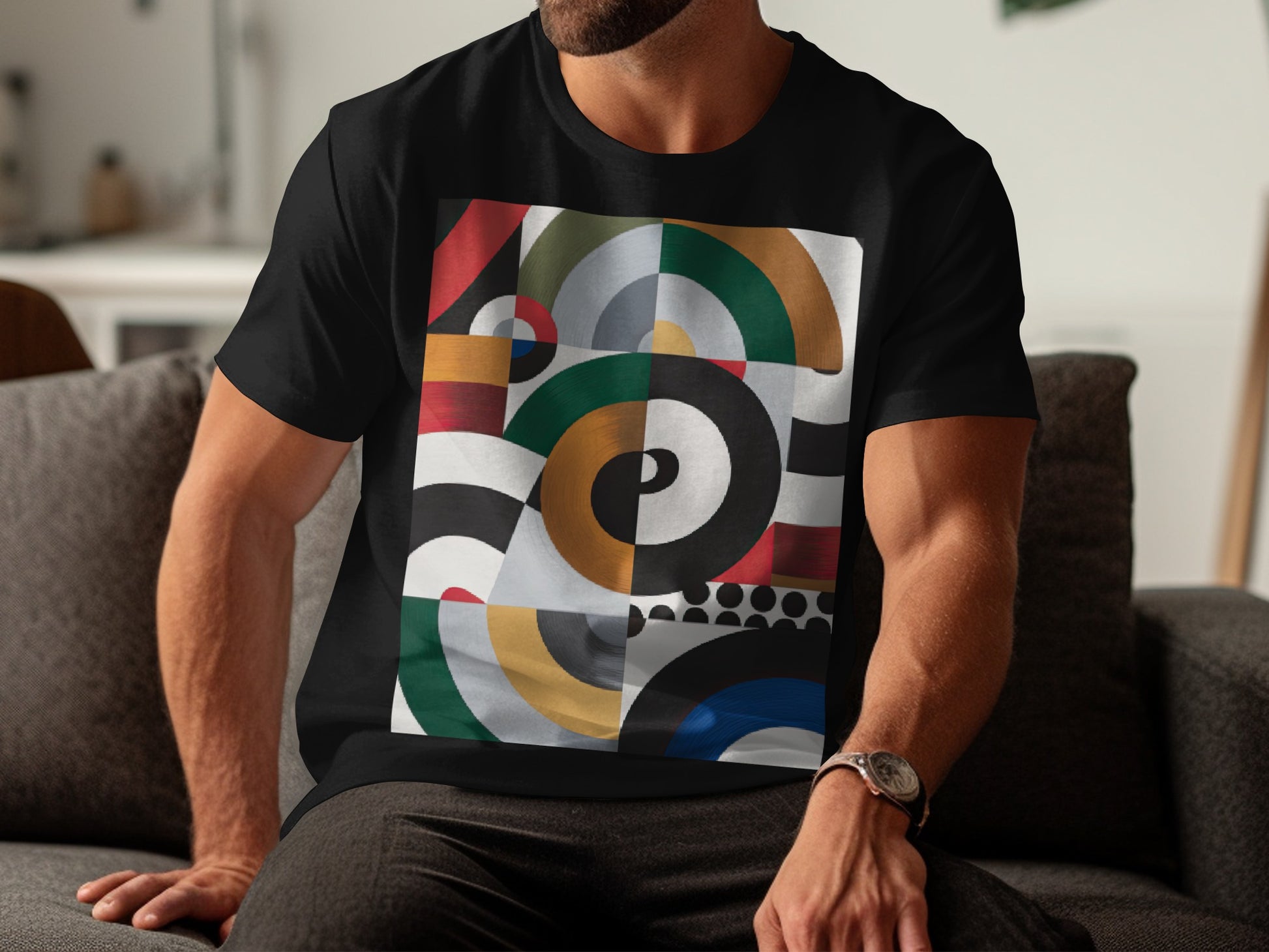 Colorful Abstract Graphic Print on Black T-shirt