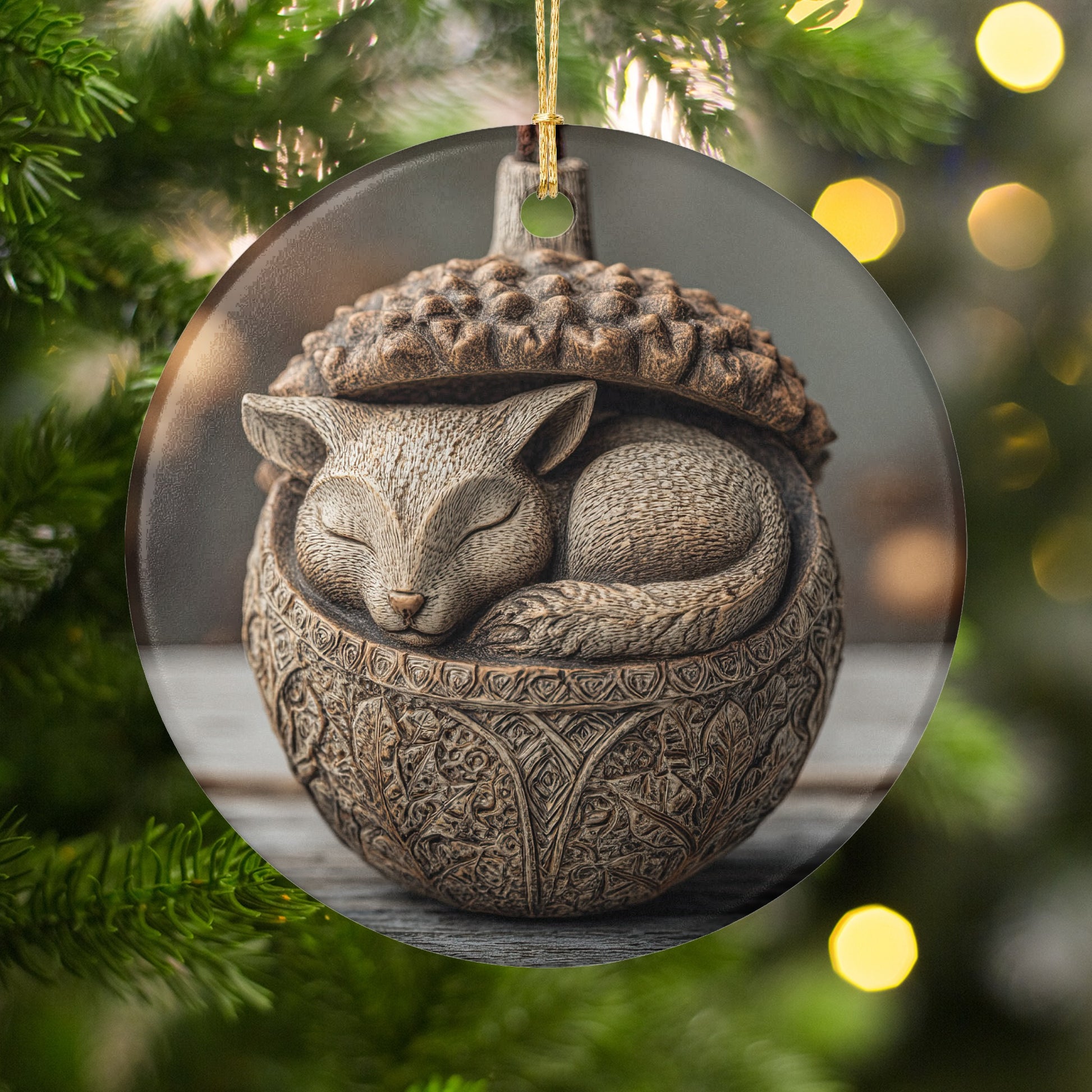 Sleeping Fox Inside Acorn Tree Ornament for Holiday Decor