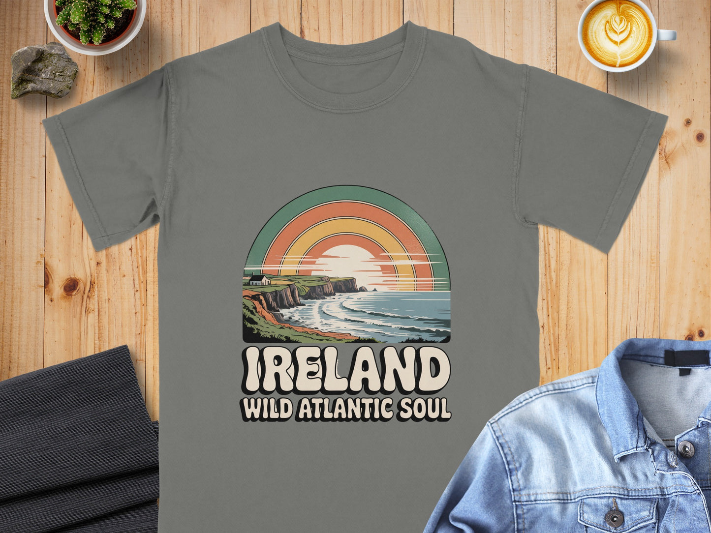 Grey t-shirt with a retro graphic of Ireland's coast and "IRELAND WILD ATLANTIC SOUL".