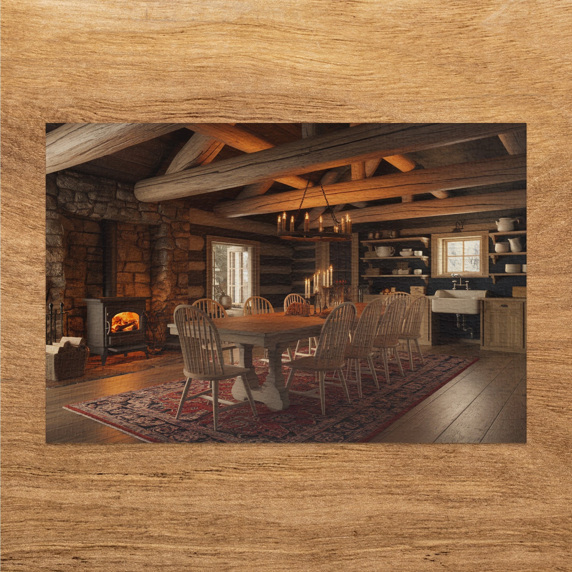 Rustic log cabin dining area with stone fireplace, wood stove, and dining table with chairs.
