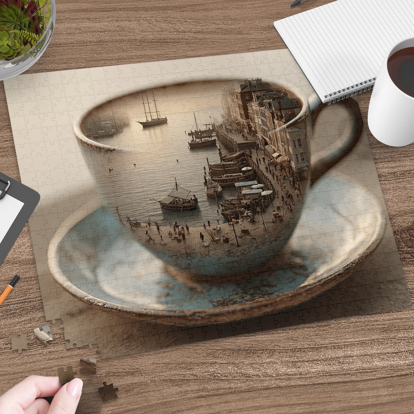 Puzzle pieces form a teacup filled with a harbor scene and sailing ships.